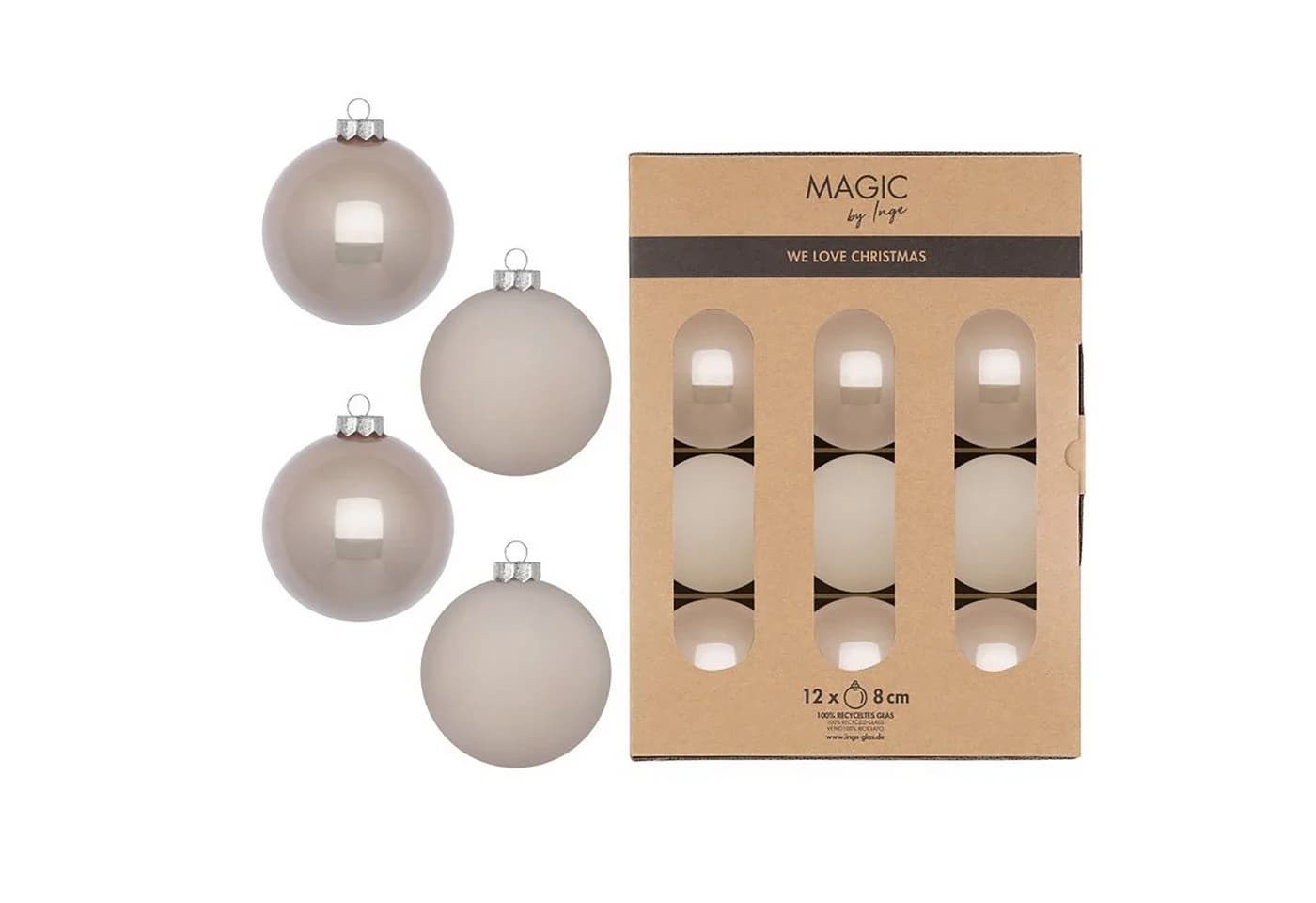 Holly & Jolly Weihnachtsbaumkugel Glas 8cm 12 Stück Taupe Braun
