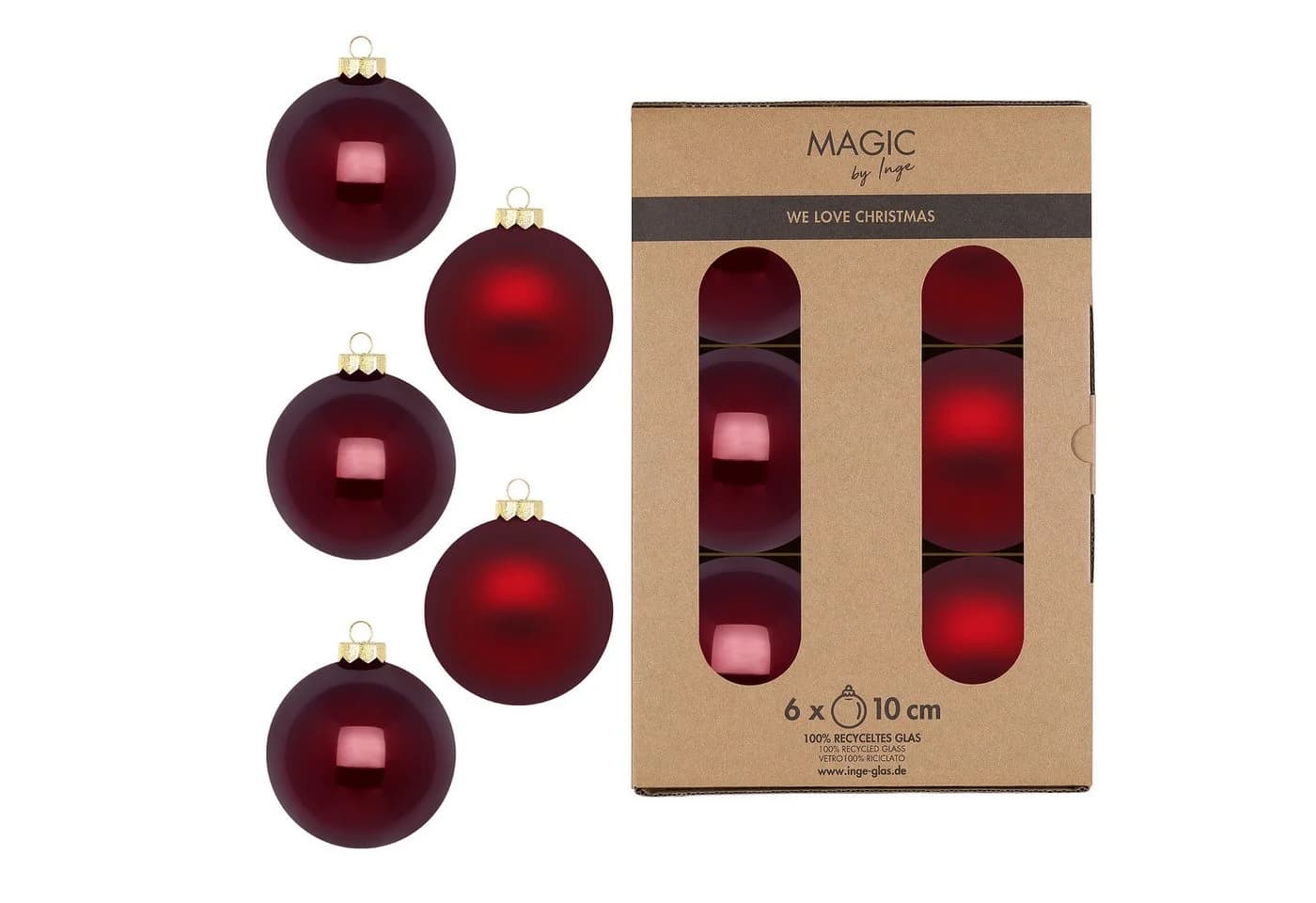 Holly & Jolly Weihnachtsbaumkugel Glas 10cm 6 Stück Dunkelweinrot