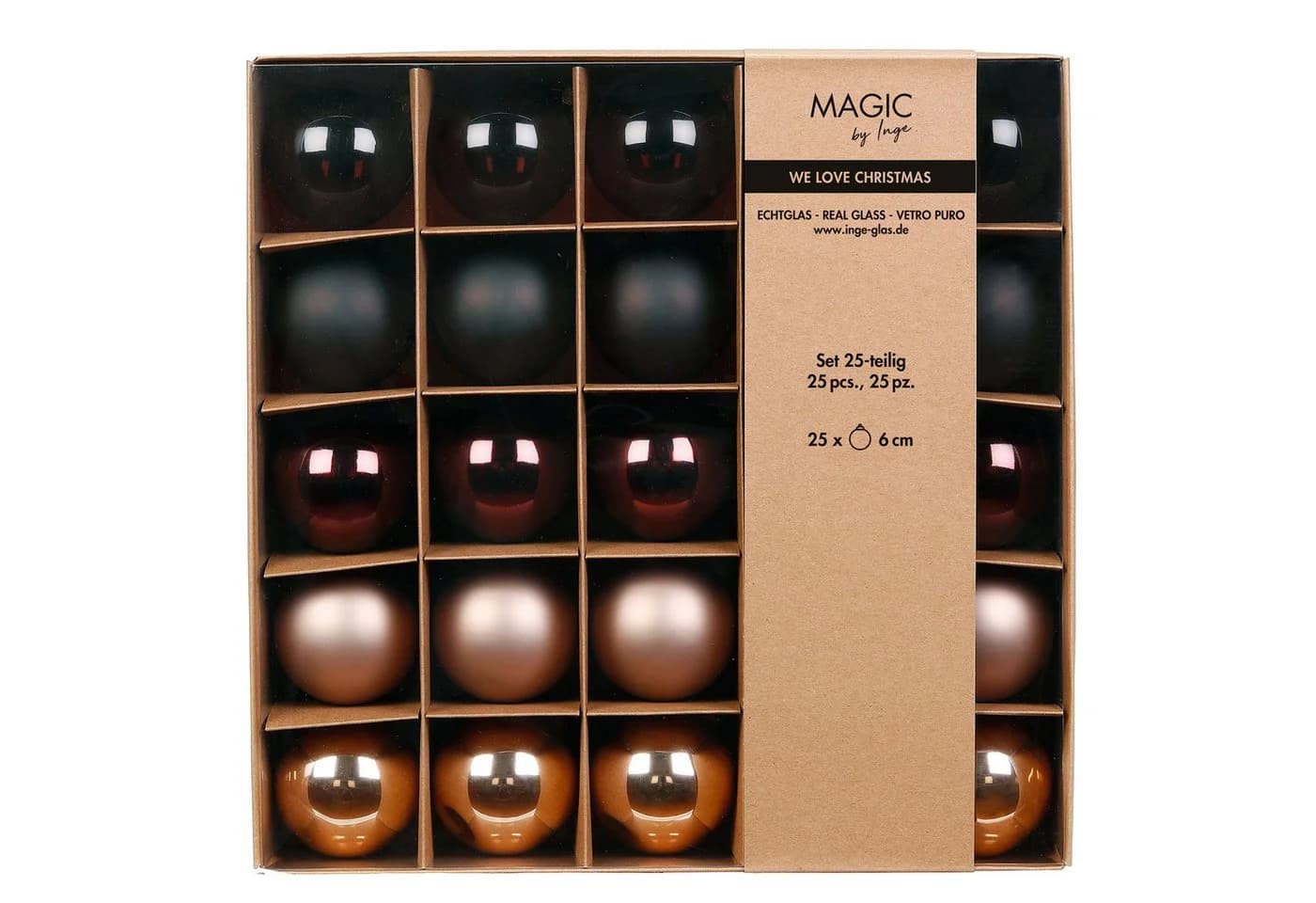 Holly & Jolly Weihnachtsbaumkugel 6cm 25er Set Braun Beige Glas