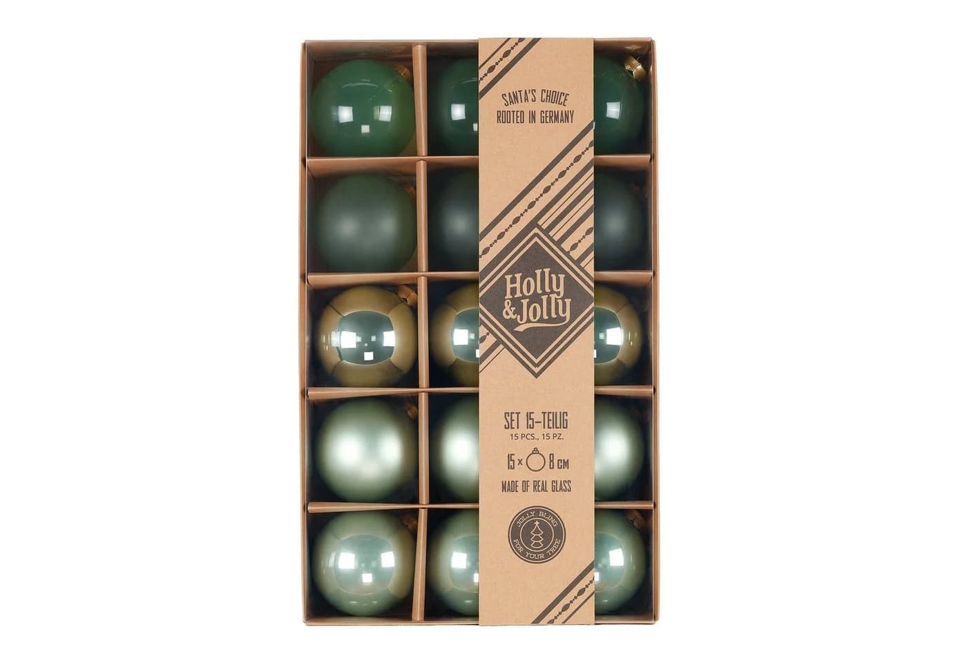 Holly & Jolly Weihnachtsbaumkugel Glas 8cm 15 Stück Salbeigrün