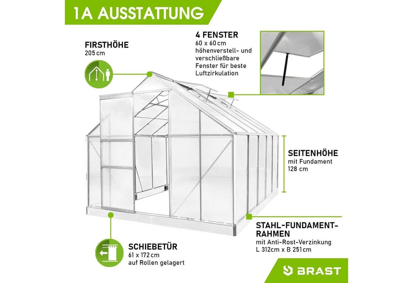 BRAST Gewächshaus ALU mit Fundament 310x250x205cm - Bild 3