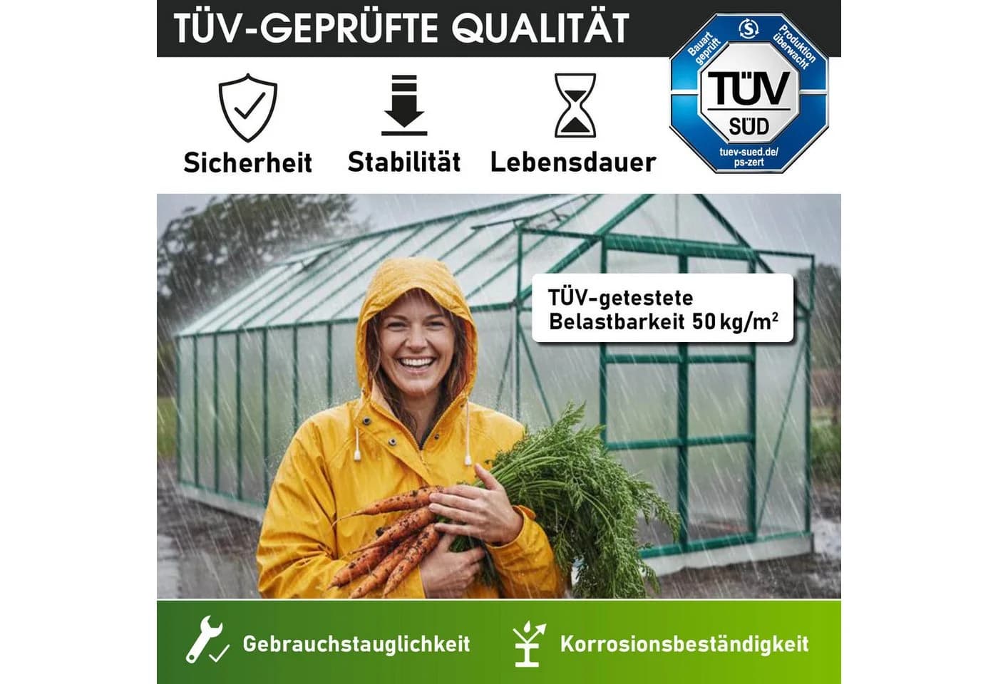 BRAST Gewächshaus ALU mit Fundament rostfrei 250x190x195cm TÜV geprüft