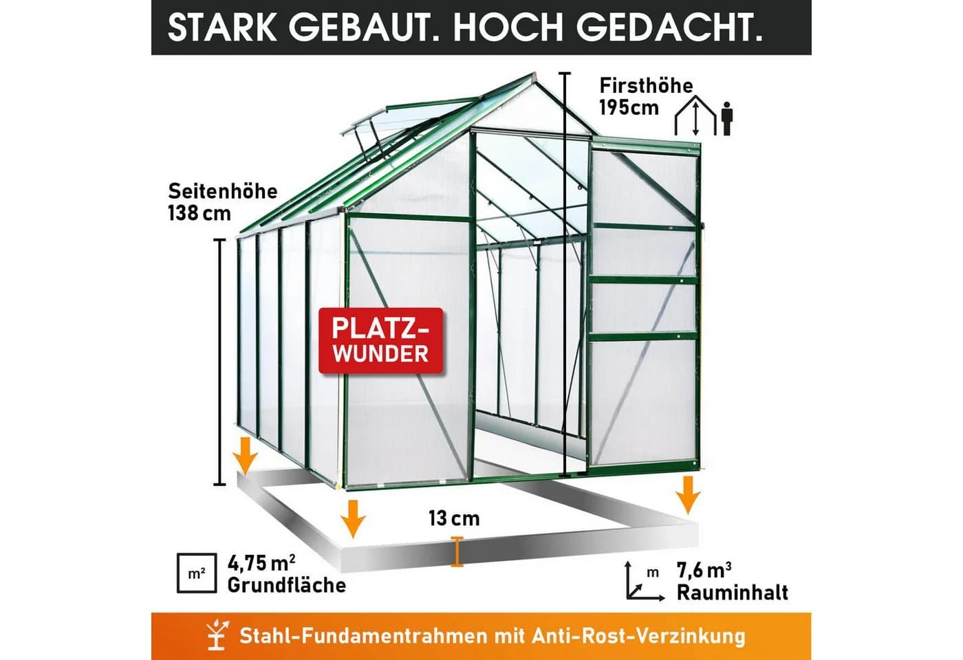 BRAST Gewächshaus ALU mit Fundament rostfrei 250x190x195cm TÜV geprüft - Bild 4