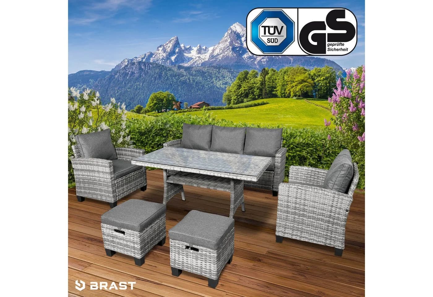 BRAST Gartenlounge-Set Delight Grau 7-tlg. Polyrattan mit Kissen
