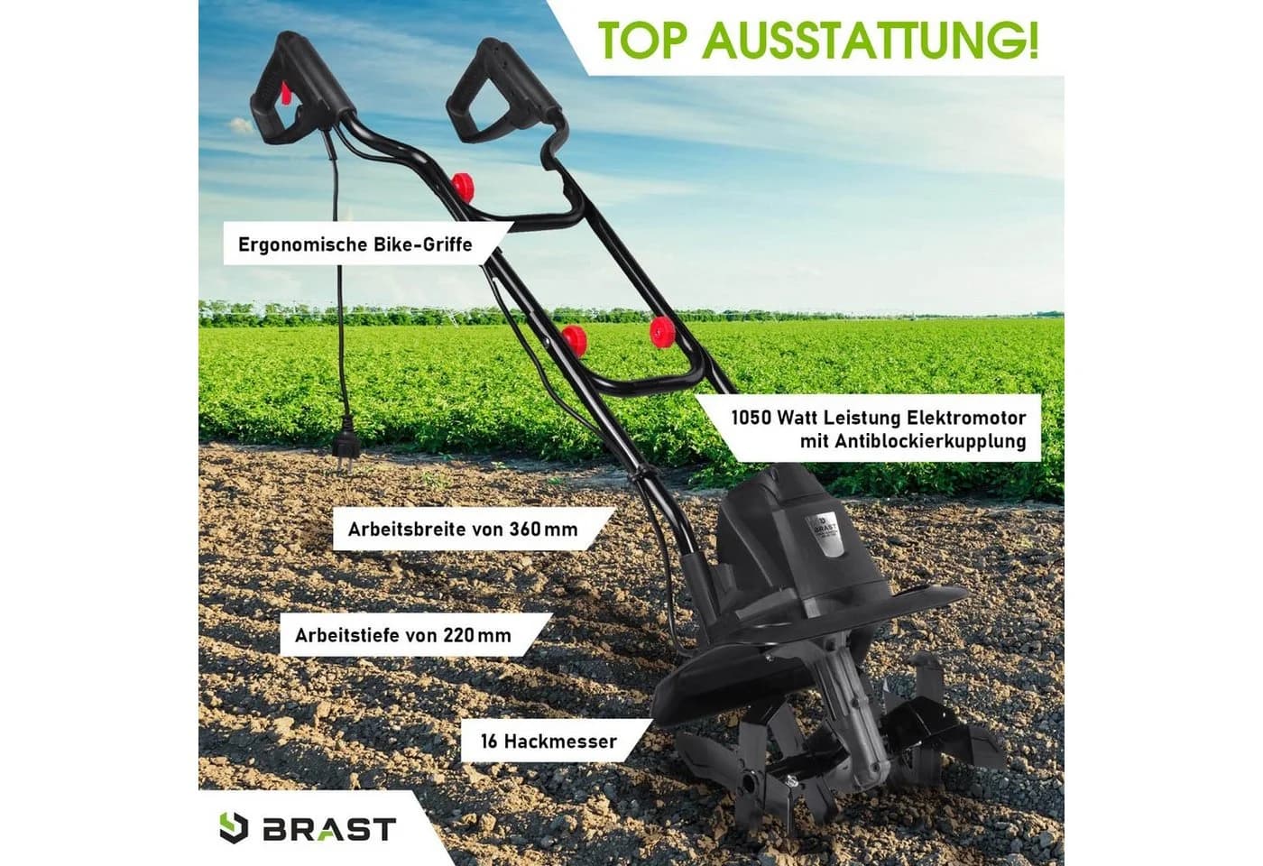 BRAST Elektro Motorhacke 1050W Gartenfräse mit 16 Hackmessern