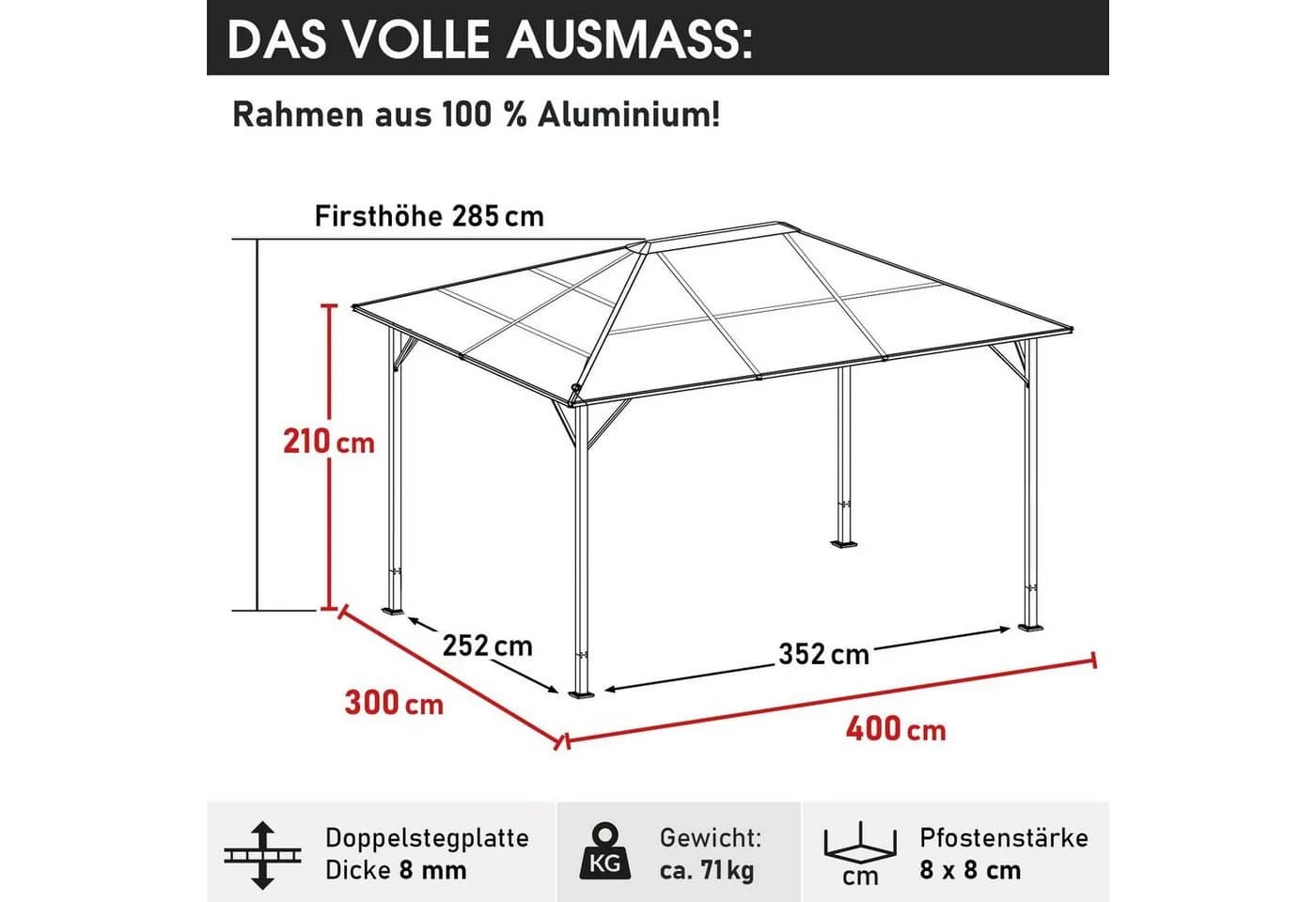 BRAST Premium Aluminium Gartenpavillon Grau mit Moskitonetz und LED - Bild 3