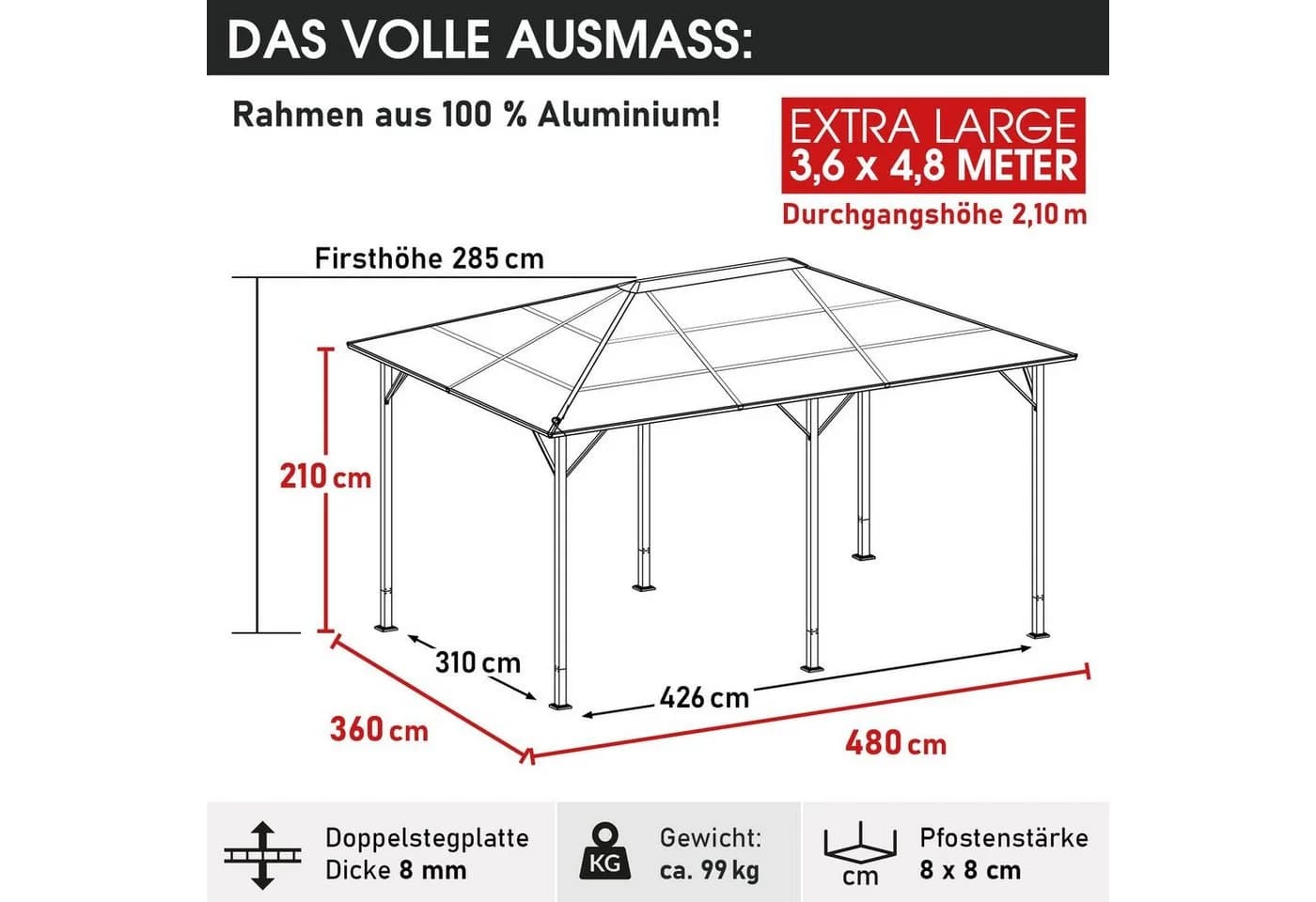 BRAST Pavillon Premium Aluminium Grau mit Moskitonetz und LED - Bild 3