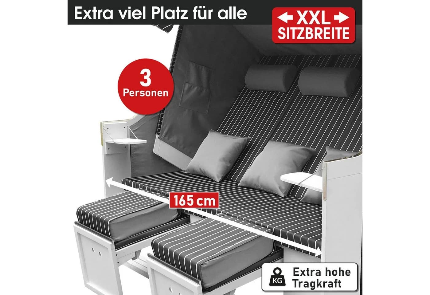 BRAST Strandkorb 3-Sitzer Volllieger Anthrazit Grau - Bild 3