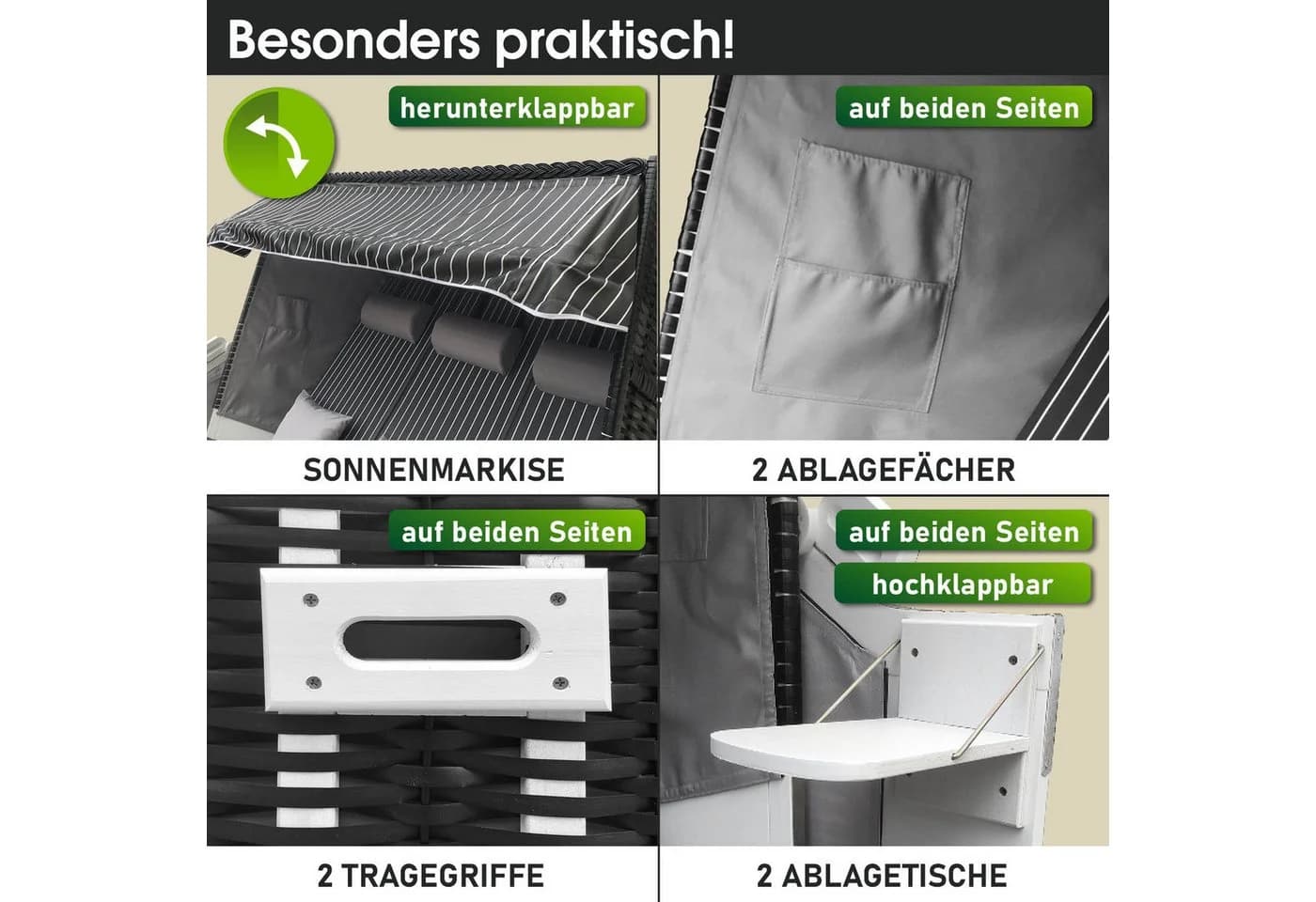 BRAST Strandkorb 3-Sitzer Volllieger Anthrazit Grau - Bild 5