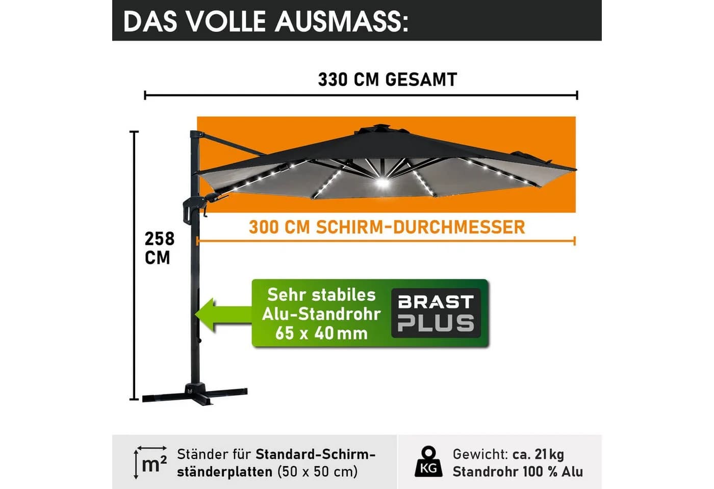 BRAST Alu Ampelschirm Ø300cm Grau mit LED & Solar