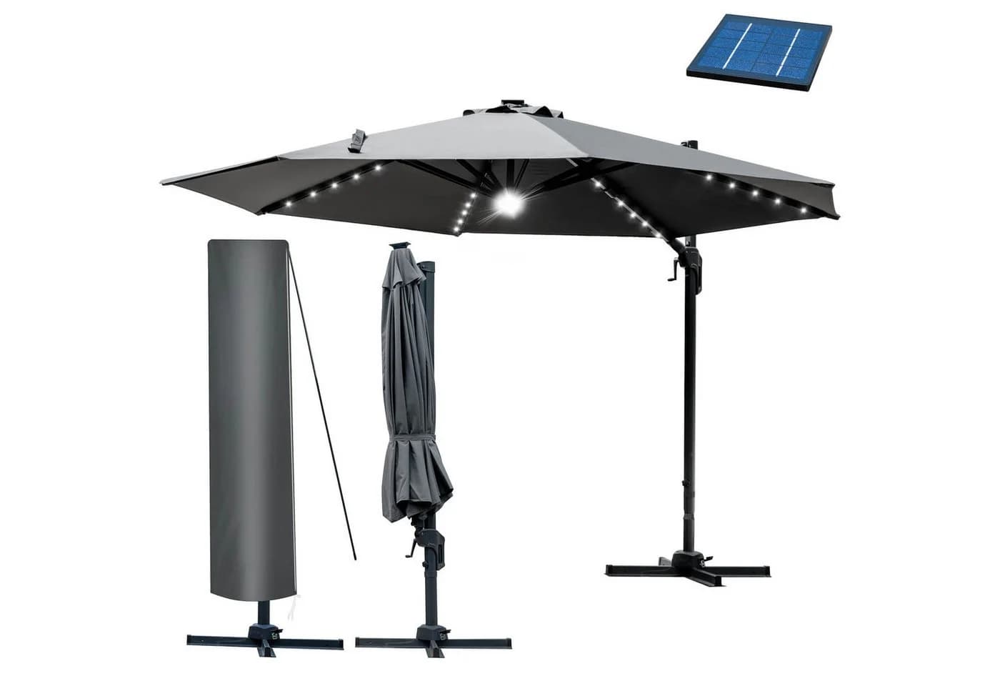 BRAST Alu Ampelschirm Ø300cm Grau mit LED & Solar - Bild 2