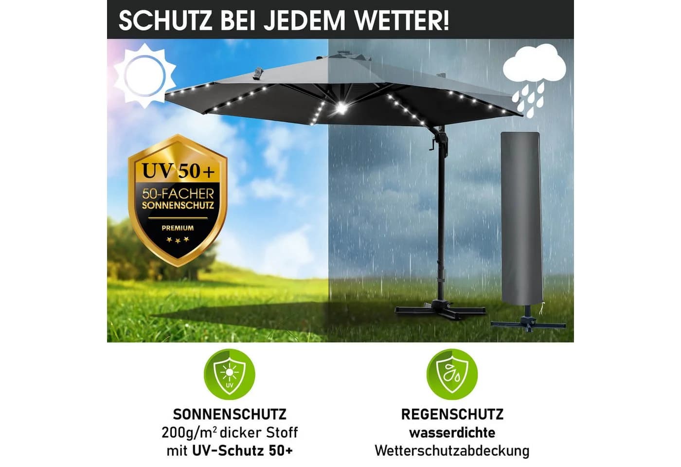BRAST Alu Ampelschirm Ø300cm Grau mit LED & Solar - Bild 4