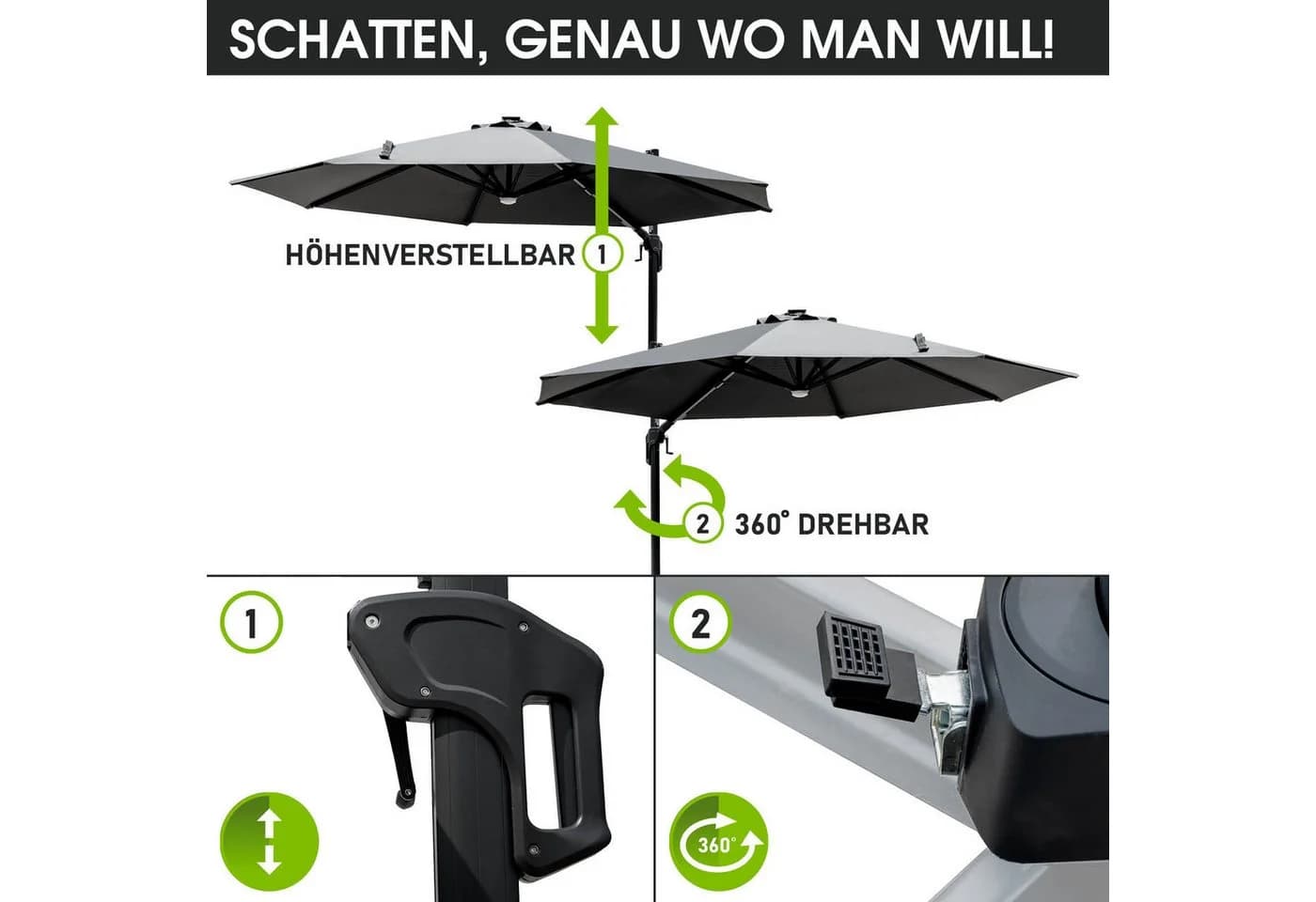 BRAST Alu Ampelschirm Ø300cm Grau mit LED & Solar - Bild 5