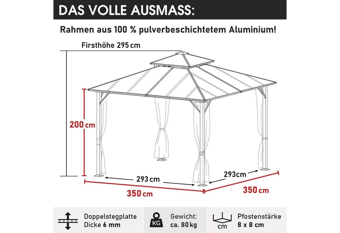 BRAST Aluminium Pavillon Pagode 3,5x3,5m mit LED und Moskitonetz