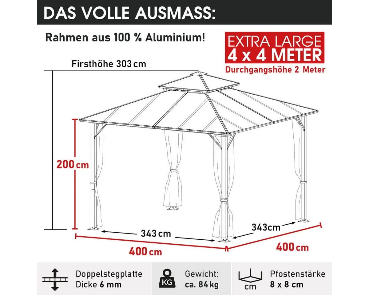 BRAST Pavillon Pagode 4x4m Aluminium mit LED & Moskitonetz - Bild 3