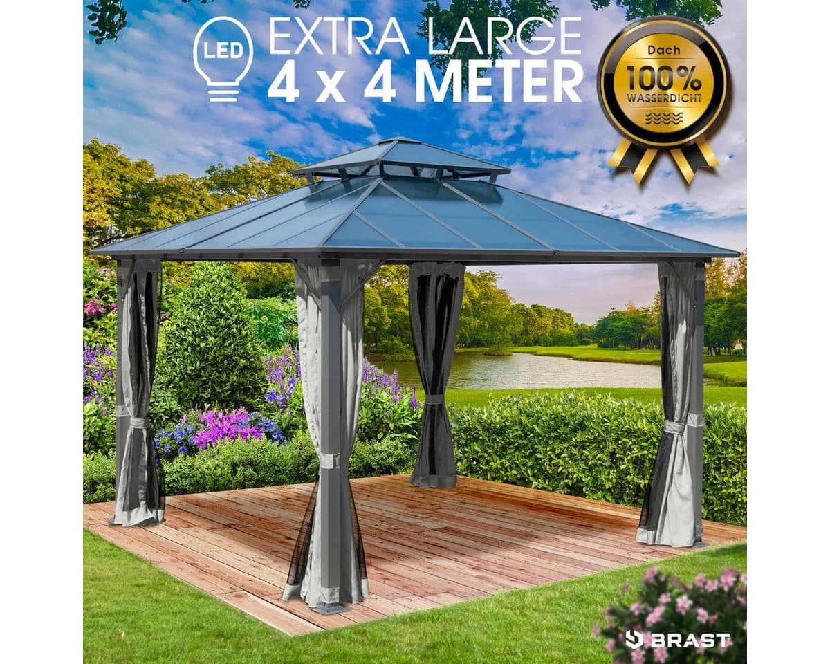 BRAST Pavillon Pagode 4x4m Aluminium mit LED & Moskitonetz