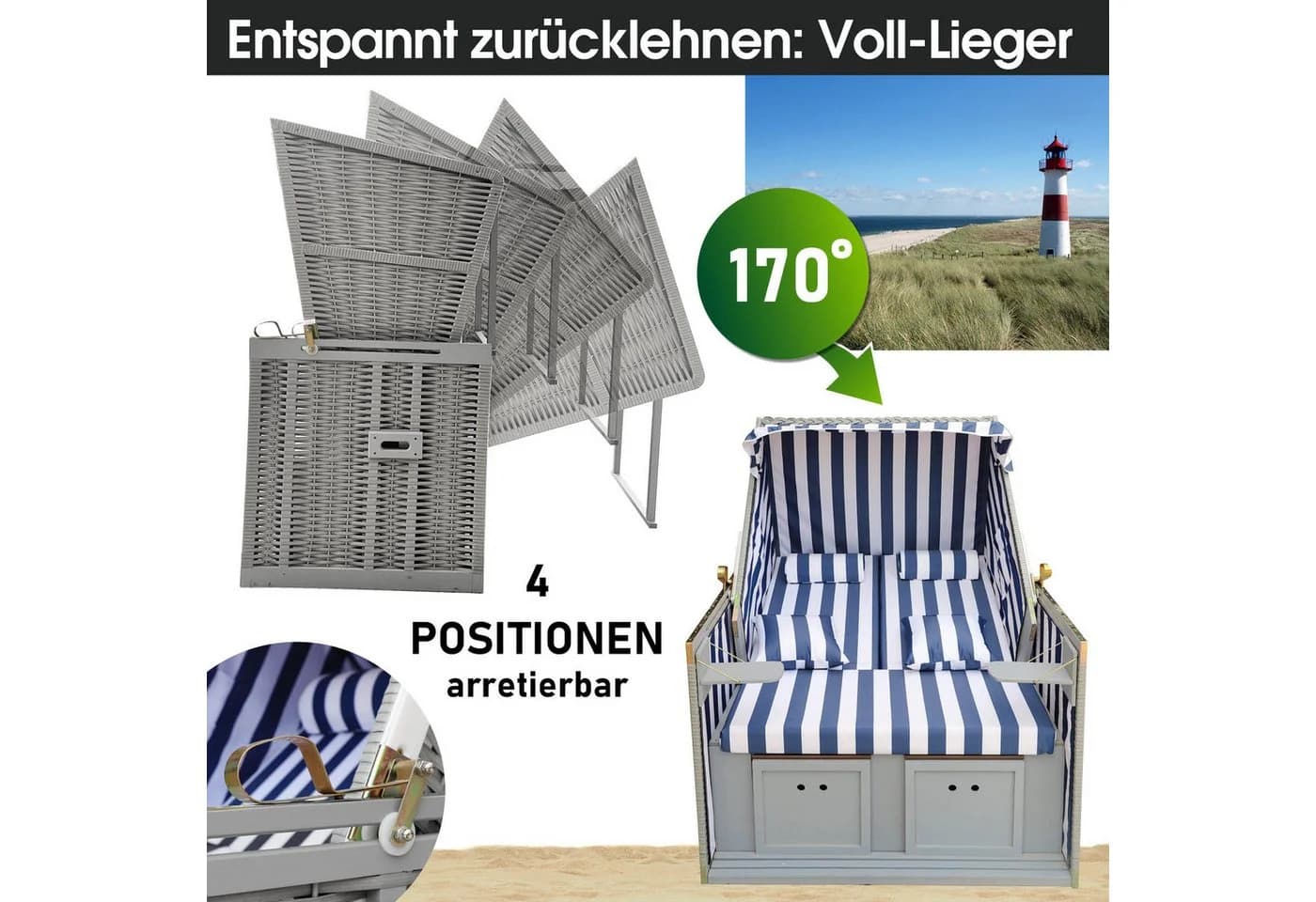 BRAST Strandkorb Norderney Deluxe Grau 2-Sitzer Volllieger - Bild 4