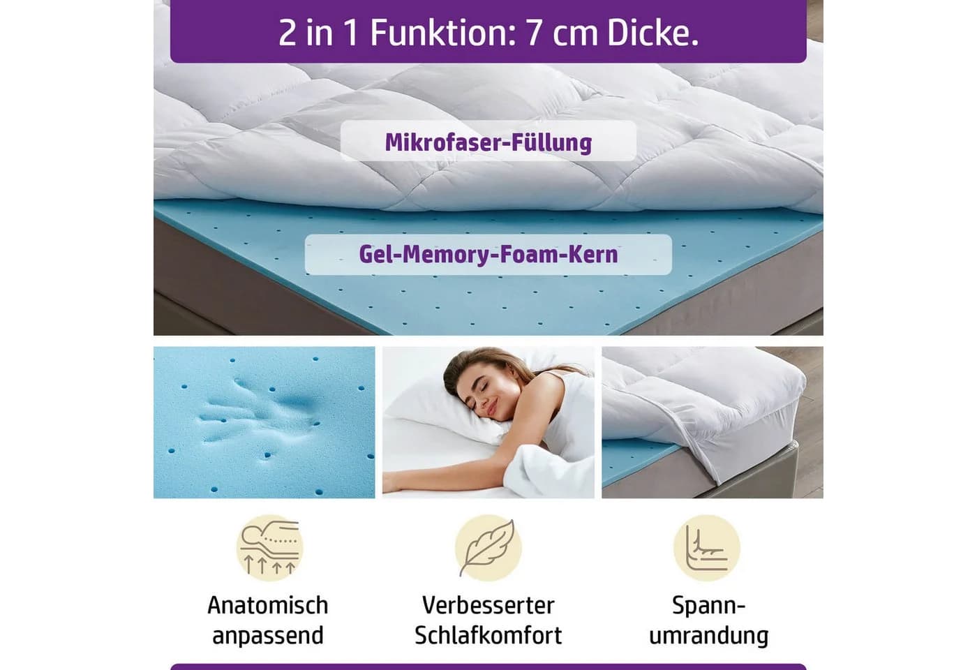 AMBINESS Memory Foam Topper mit Gel Kern 7 cm Höhe - Bild 3