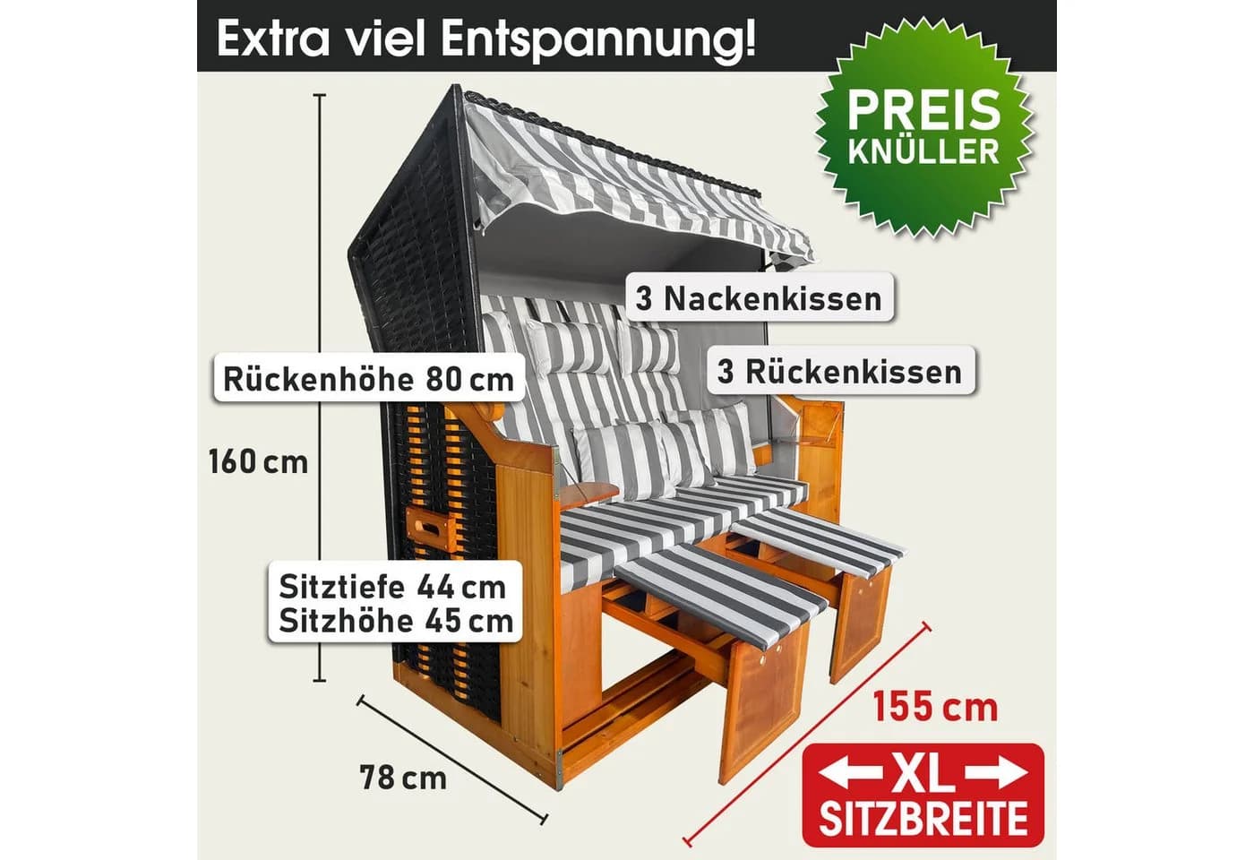 BRAST Strandkorb 3-Sitzer XL Grau/Weiß mit verstellbarer Lehne