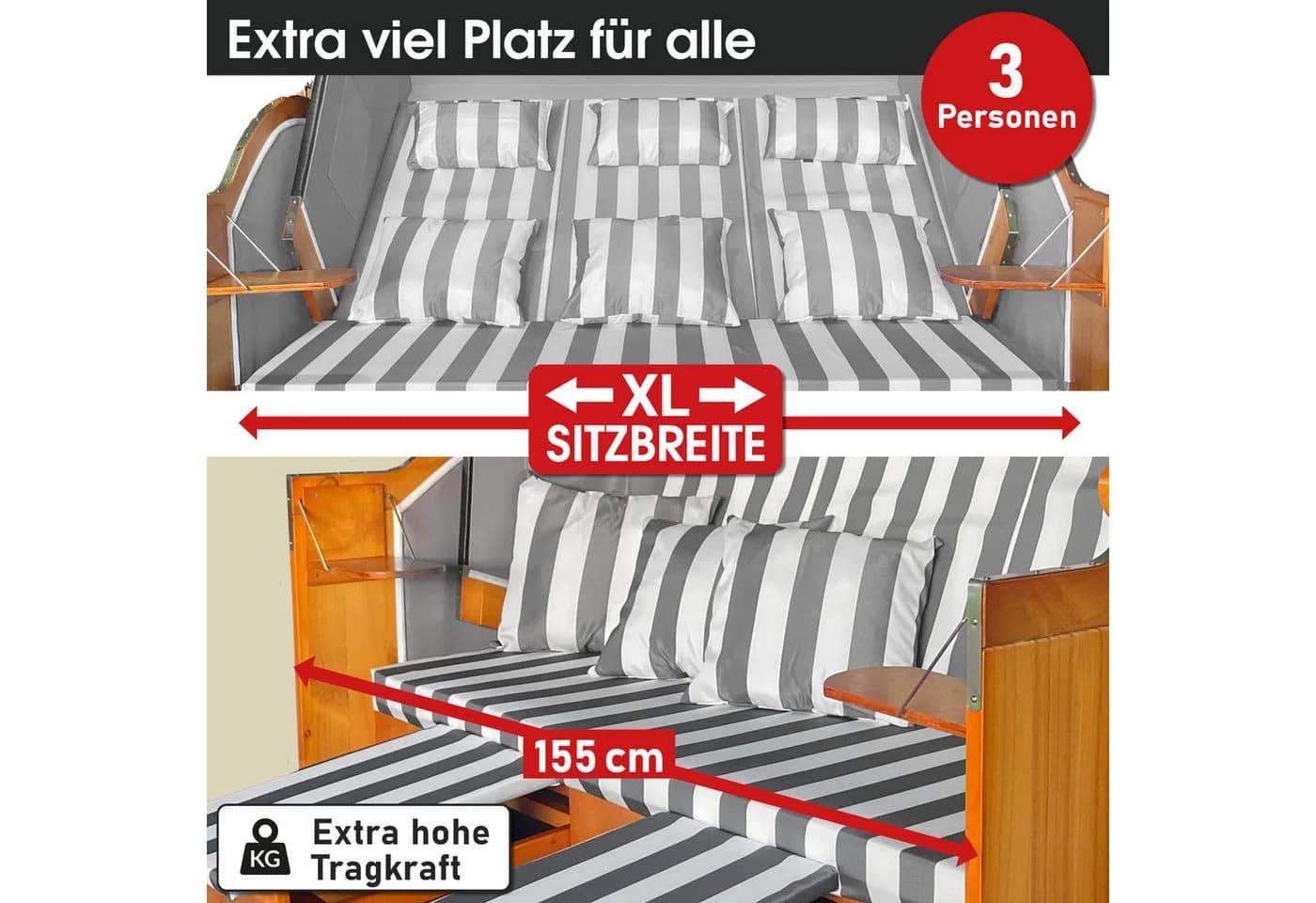 BRAST Strandkorb 3-Sitzer XL Grau/Weiß mit verstellbarer Lehne - Bild 3