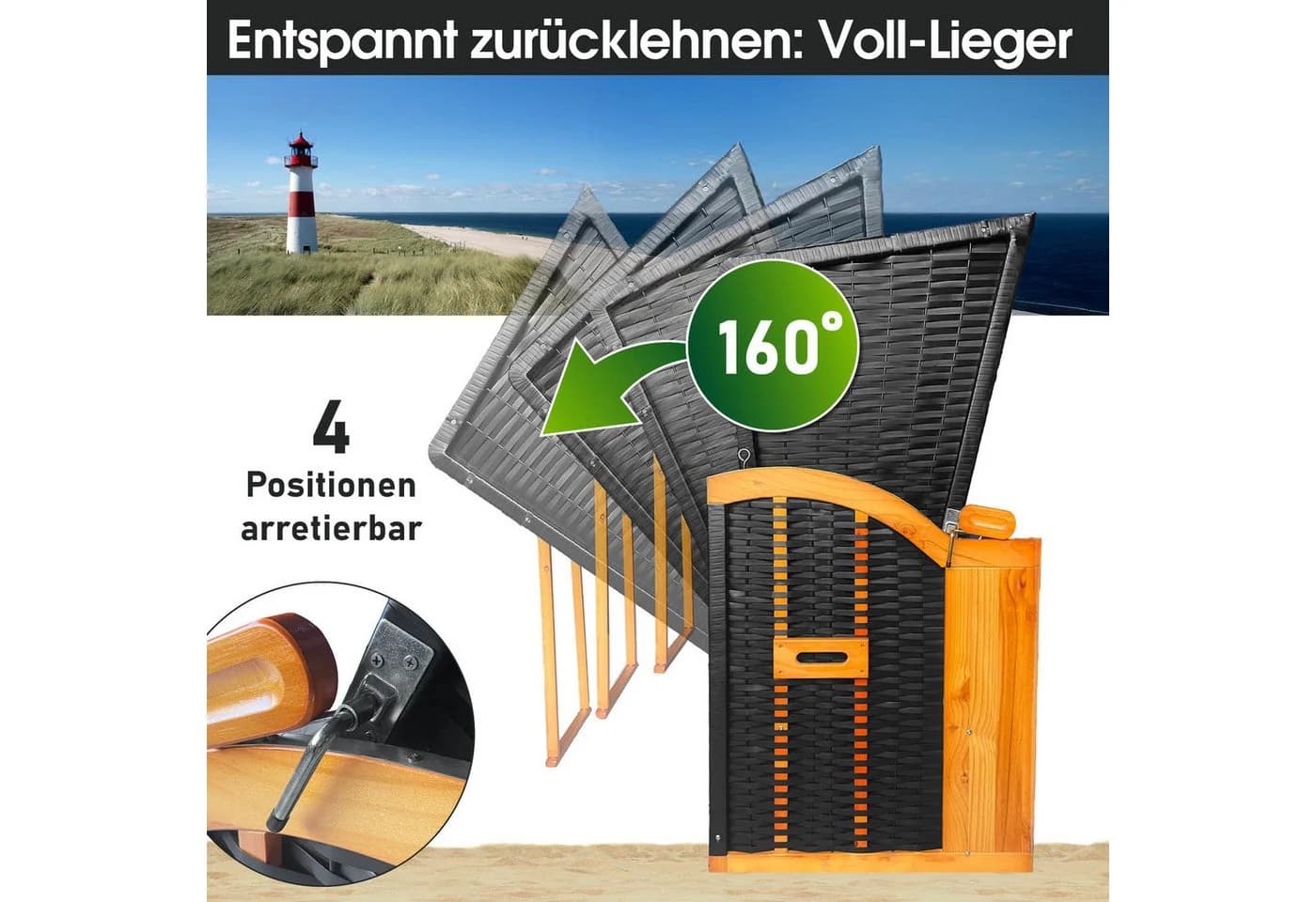 BRAST Strandkorb 3-Sitzer XL Grau/Weiß mit verstellbarer Lehne - Bild 4