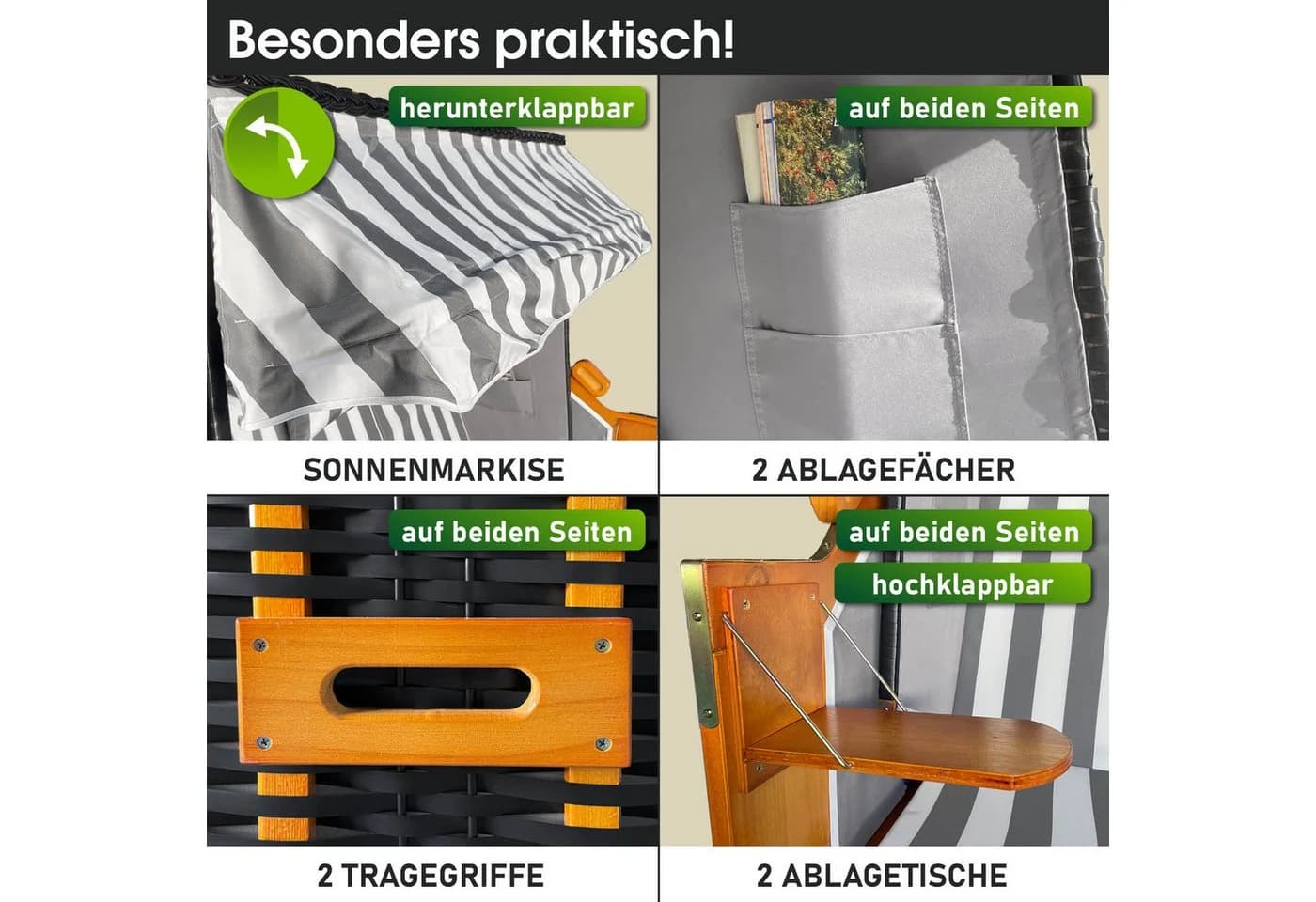 BRAST Strandkorb 3-Sitzer XL Grau/Weiß mit verstellbarer Lehne - Bild 5