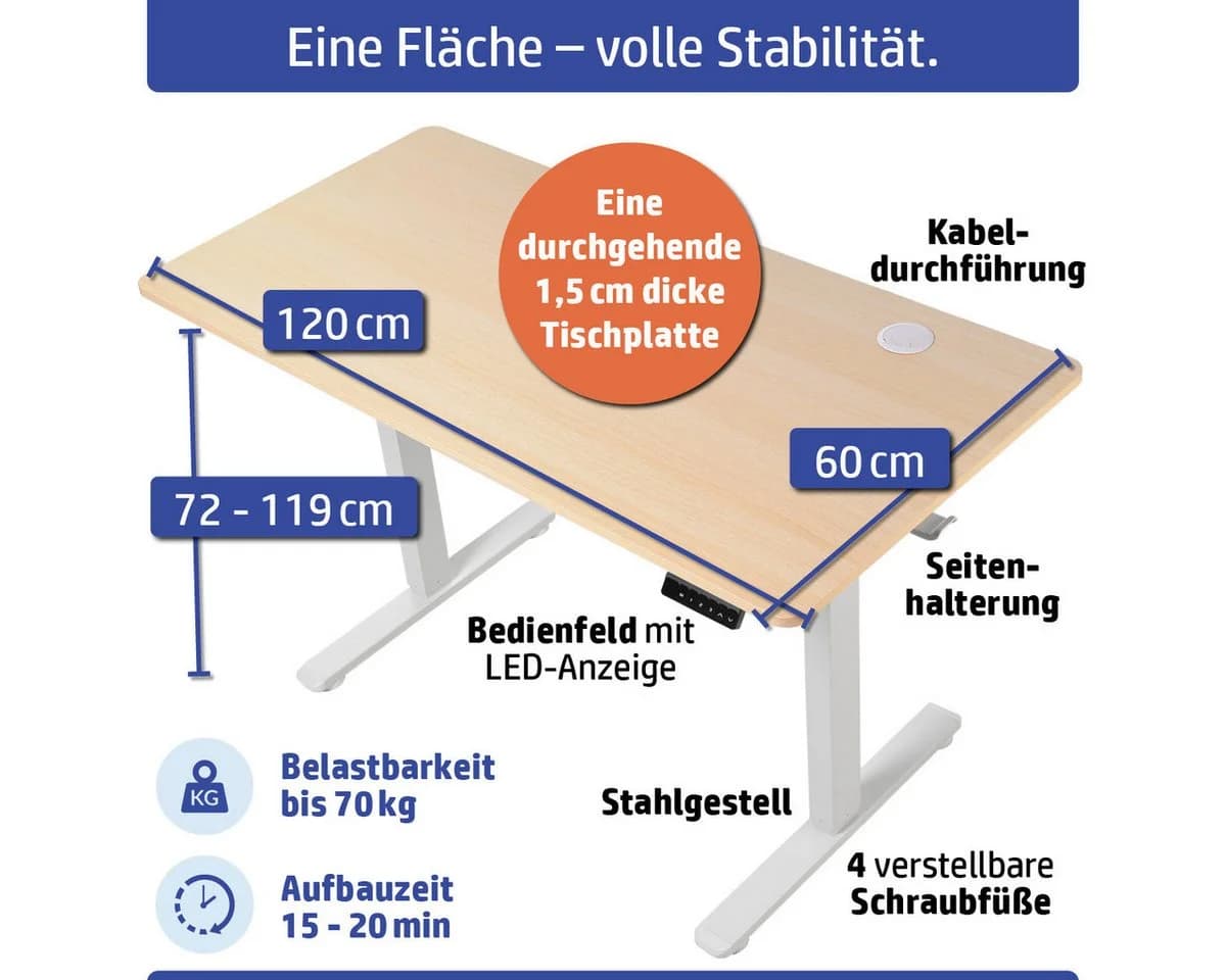 AMBINESS Höhenverstellbarer Schreibtisch FlexxPro 120x60 cm Ahorn - Bild 4