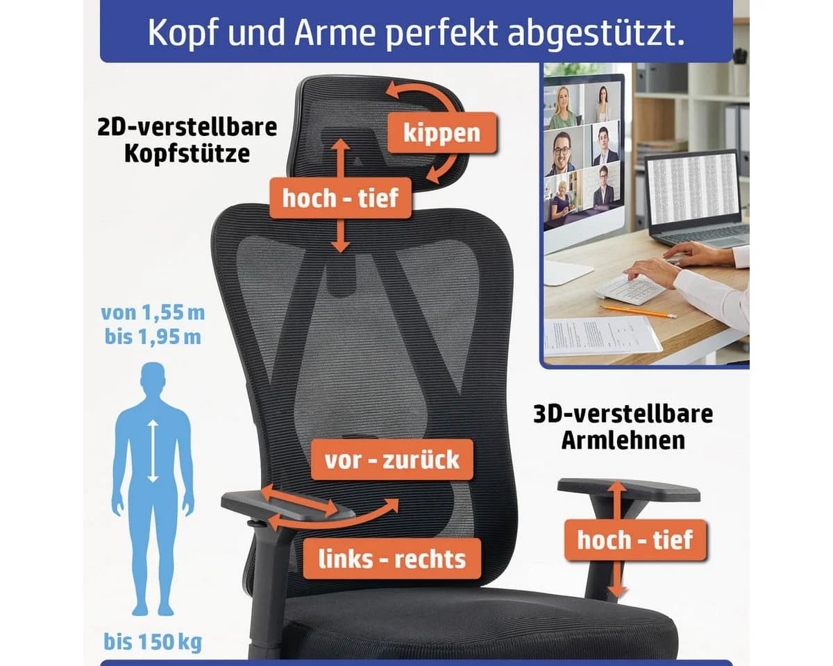 AMBINESS Bürostuhl Schreibtischstuhl verstellbare Armlehnen Kopfteil 6 Modelle - Bild 3