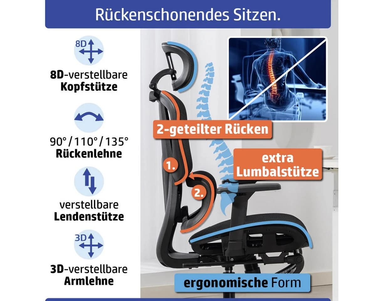 AMBINESS Bürostuhl Master FX Ergonomisch Verstellbare Armlehnen & Kopfteil