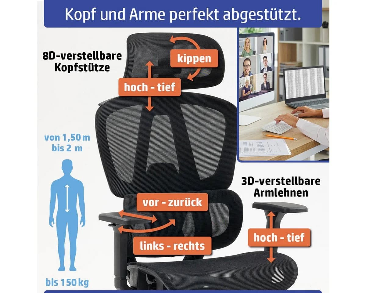 AMBINESS Bürostuhl Master FX Ergonomisch Verstellbare Armlehnen & Kopfteil - Bild 3