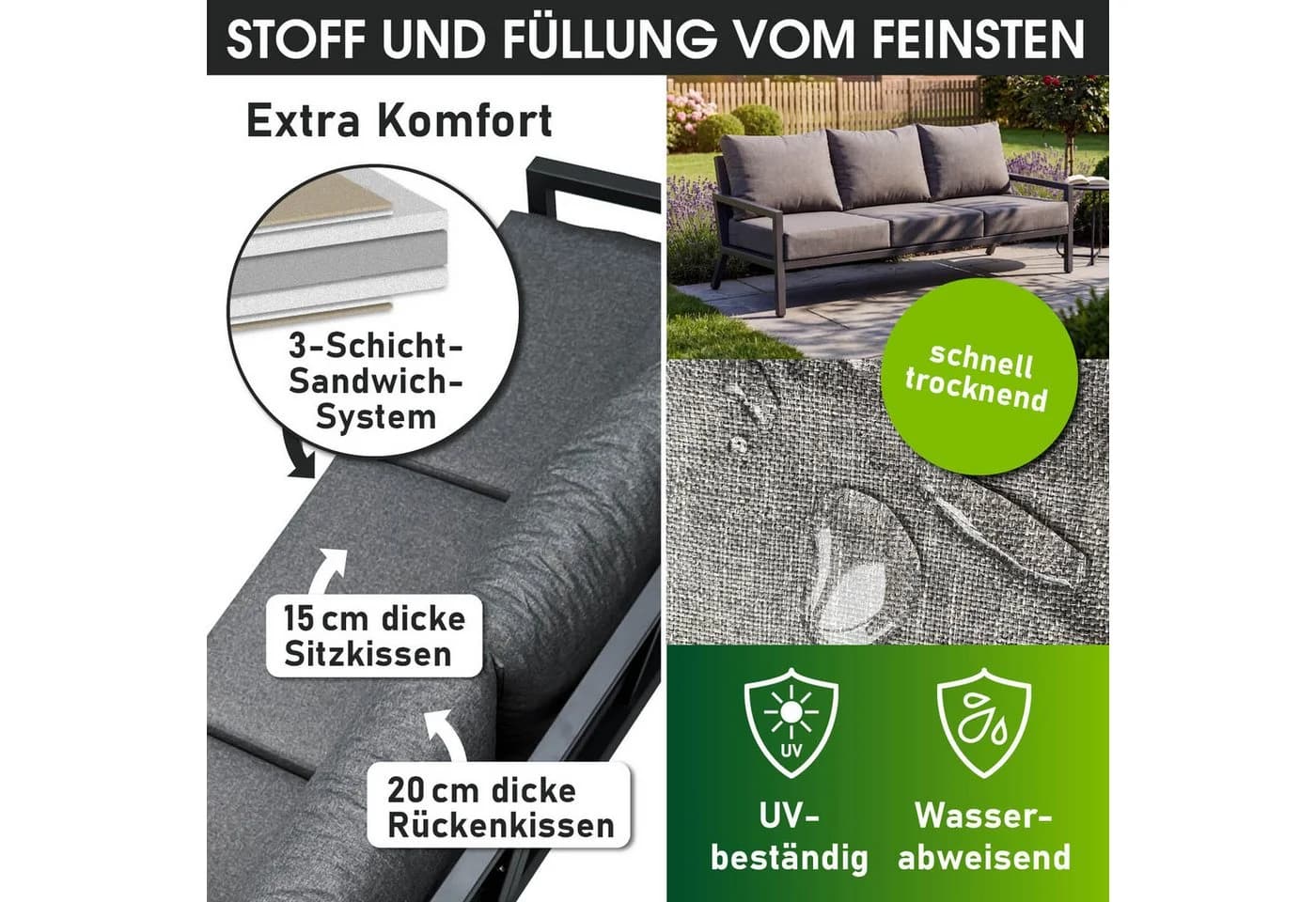 BRAST Gartenlounge-Set Adria 3-Sitzer Sofa Aluminium Grau - Bild 4