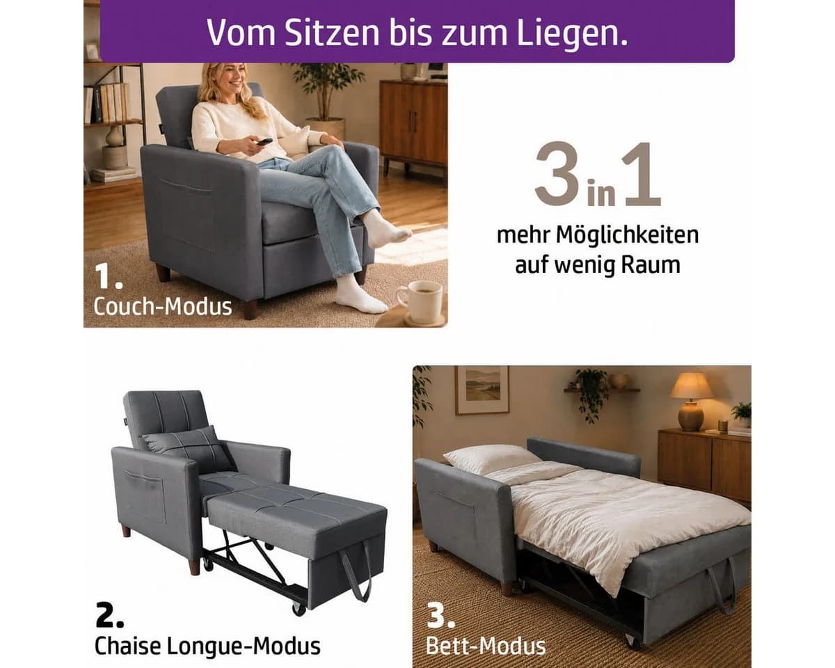 AMBINESS Schlafsofa 3in1 Leinenstoff verstellbare Rückenlehne - Bild 4