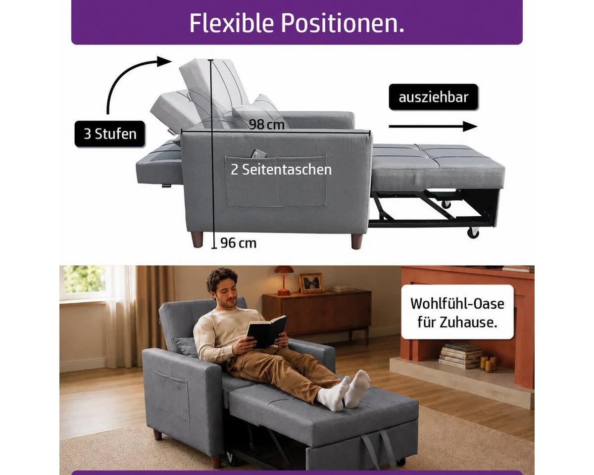 AMBINESS Schlafsofa 3in1 Leinenstoff verstellbare Rückenlehne - Bild 5