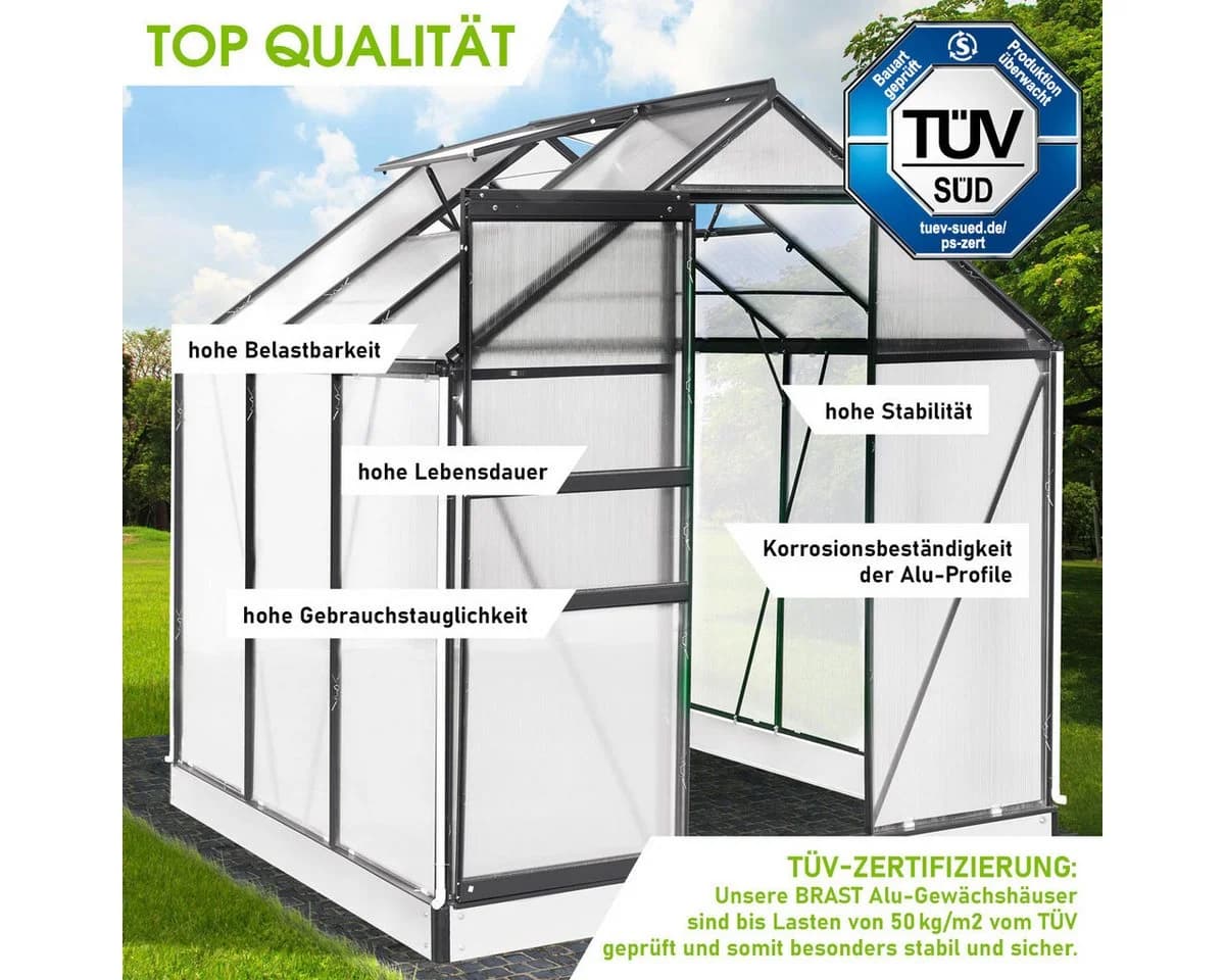 BRAST Gewächshaus Aluminium mit Fundament 190x190x195cm TÜV geprüft