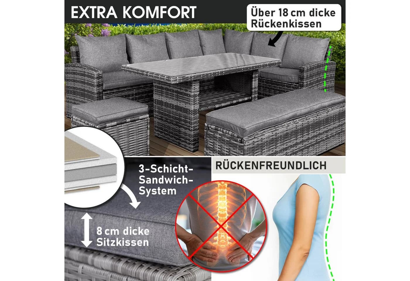 BRAST Garten-Essgruppe ECO Grau Polyrattan mit Kissen - Bild 5