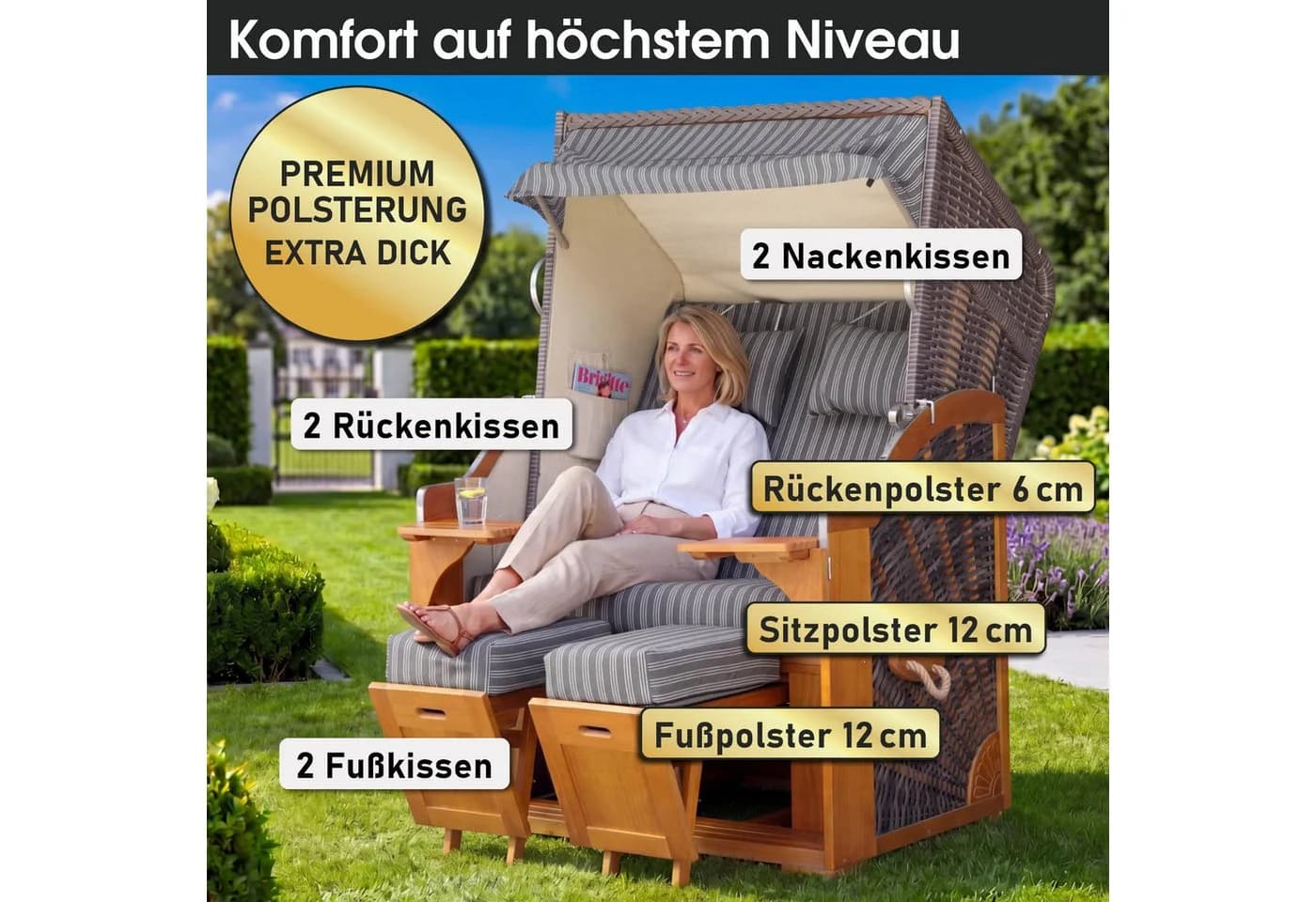 BRAST Strandkorb Bornholm Premium 123cm Pinienholz Volllieger - Bild 3