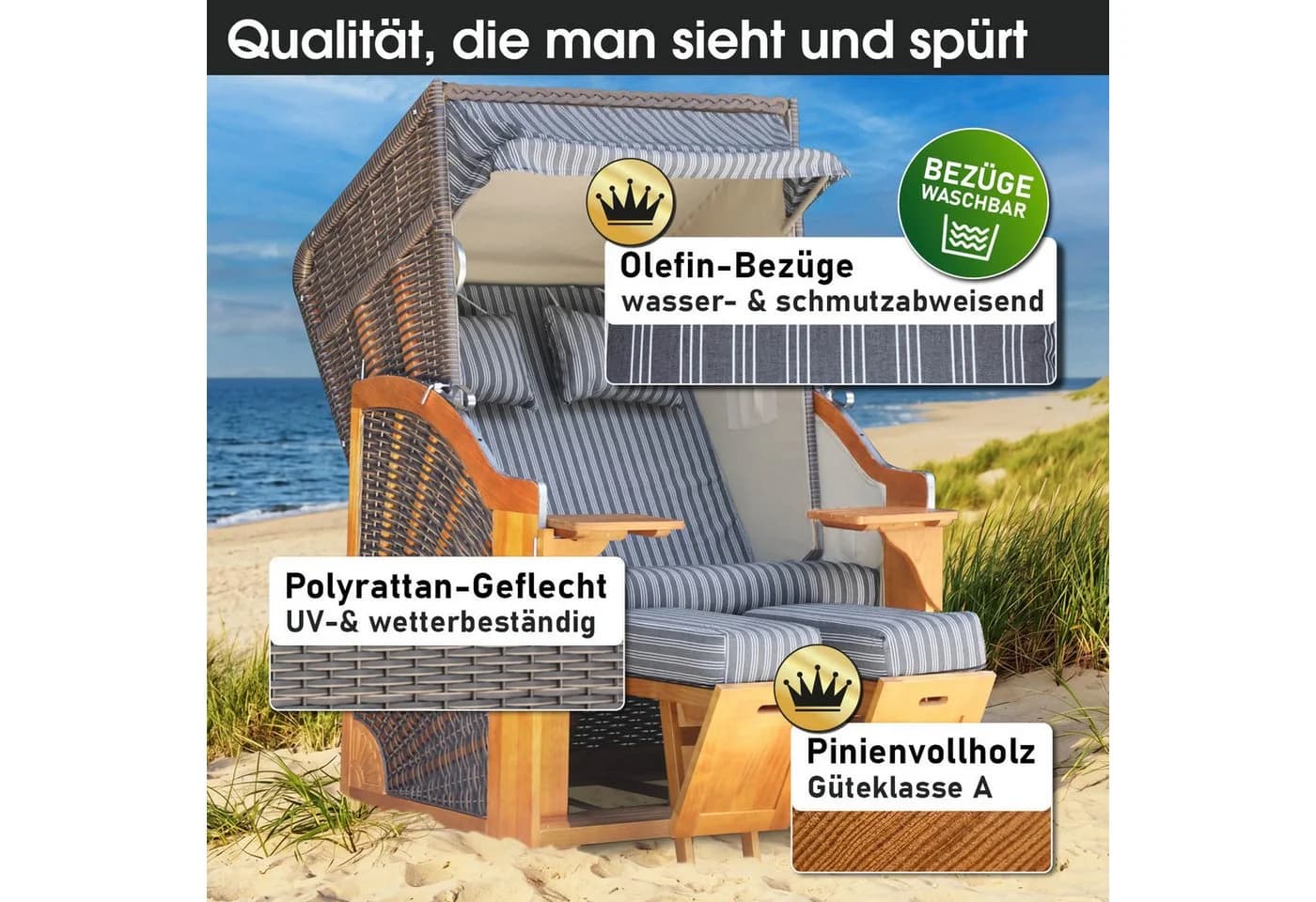 BRAST Strandkorb Bornholm Premium 123cm Pinienholz Volllieger - Bild 4