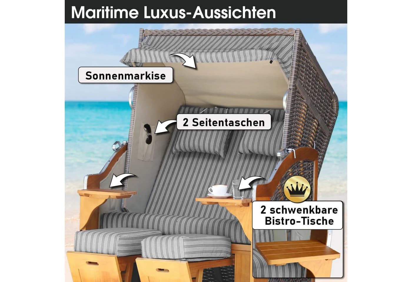 BRAST Strandkorb Bornholm Premium 123cm Pinienholz Volllieger - Bild 5