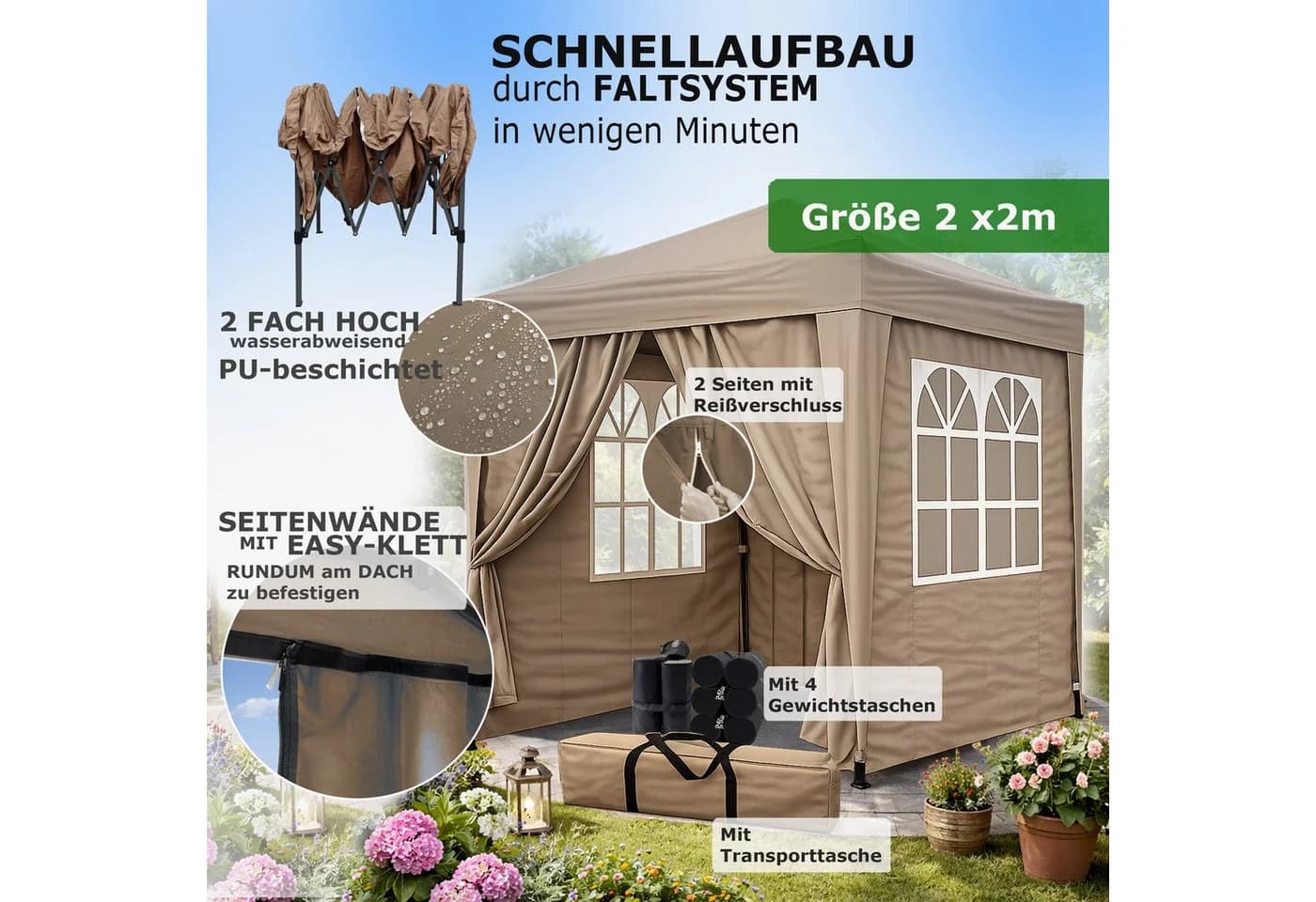 Quick Star Faltpavillon Pop Up Braunbeige mit Seitenteilen