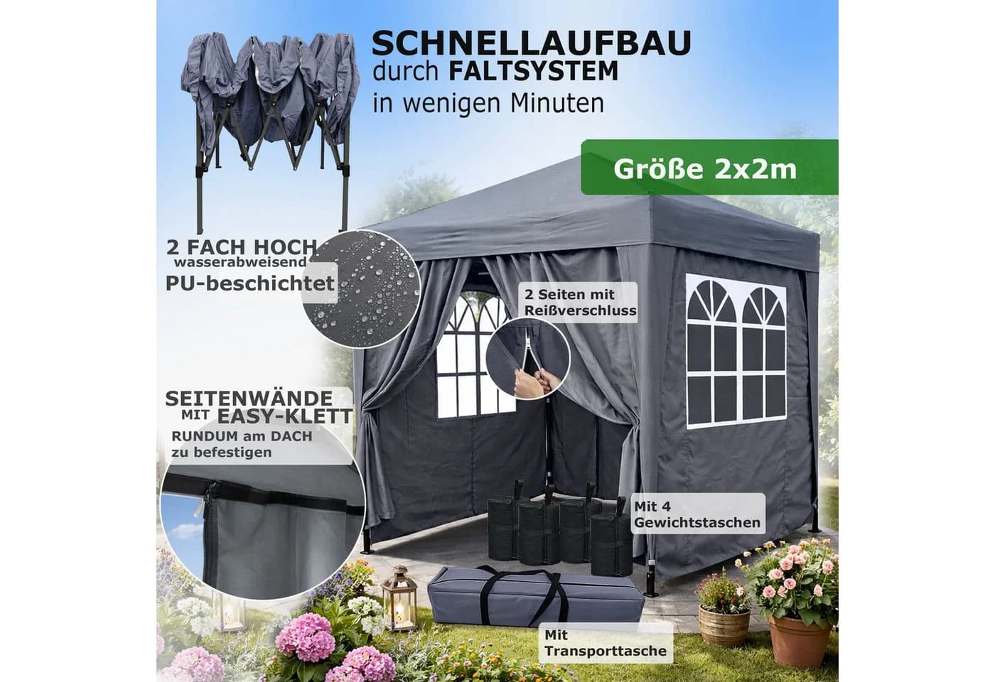 Quick Star Faltpavillon Pop Up mit Seitenteilen und Fußgewichten