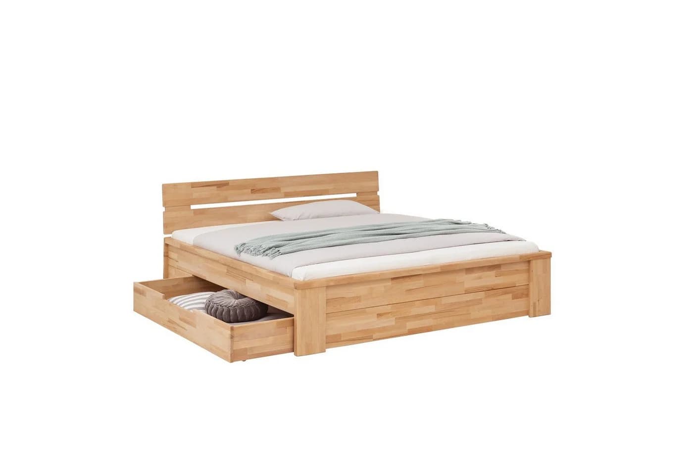HOMELIV. Bett Tamira 180x200 cm Kernbuche Massivholz mit Schubkasten