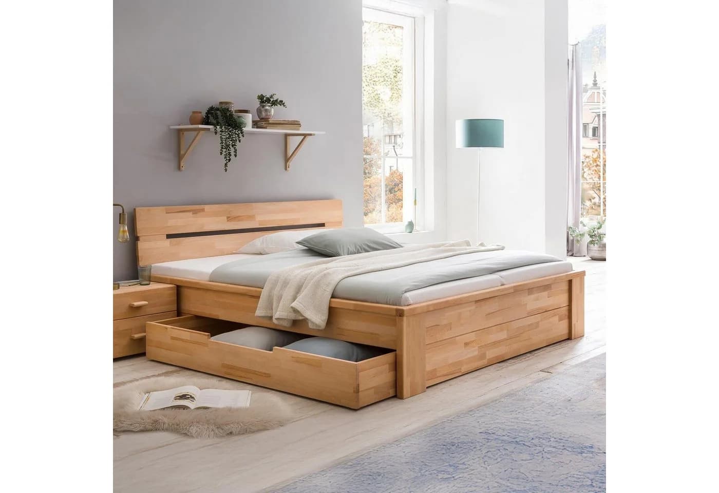 HOMELIV. Bett Tamira 180x200 cm Kernbuche Massivholz mit Schubkasten - Bild 2