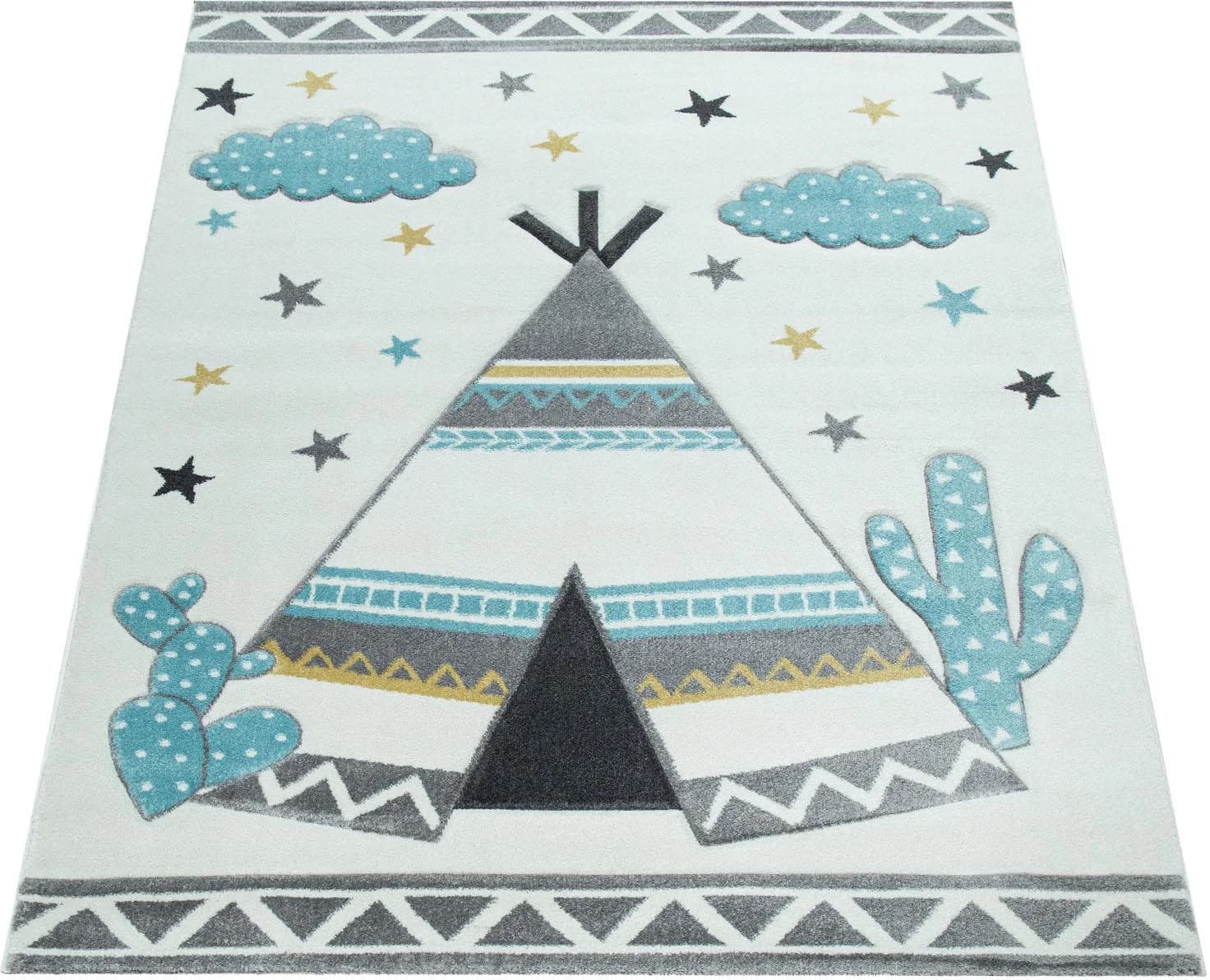 PACO HOME Kinderteppich Ela 215 Creme 3D-Motiv Zelt Wolken Sterne