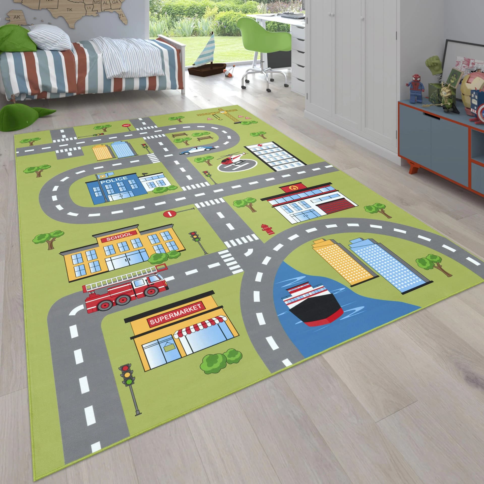 PACO HOME Kinderteppich Bino 570 Grün Kurzflor Straßen-Motiv