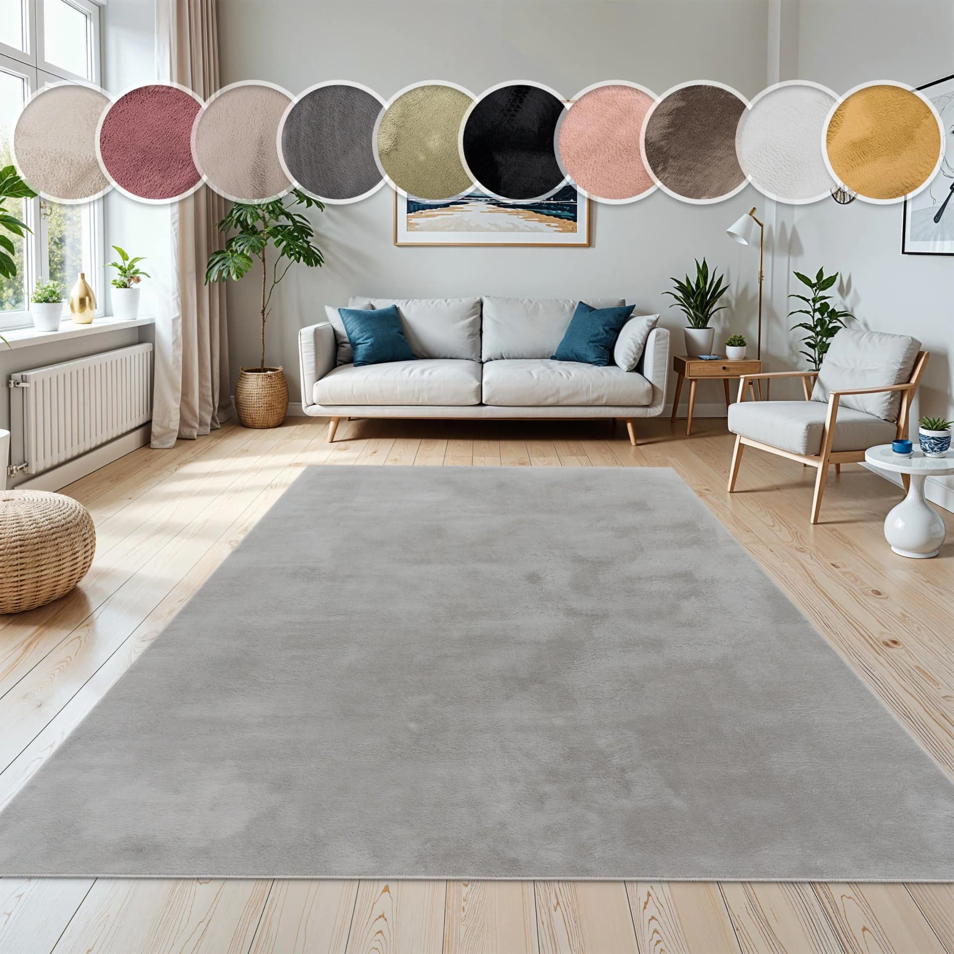 Paco Home Kunstfell Teppich Grau Hochflor Uni