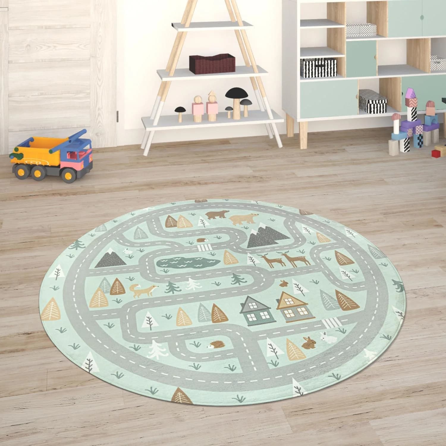 PACO HOME Kinderteppich Chicos 550 Rund Türkis Straßenmuster