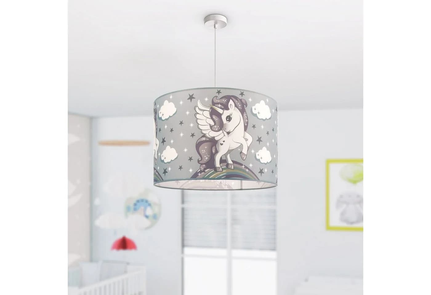 Paco Home Pendelleuchte Cosmo 213 Einhorn Kinderlampe Rosa/Grau E27