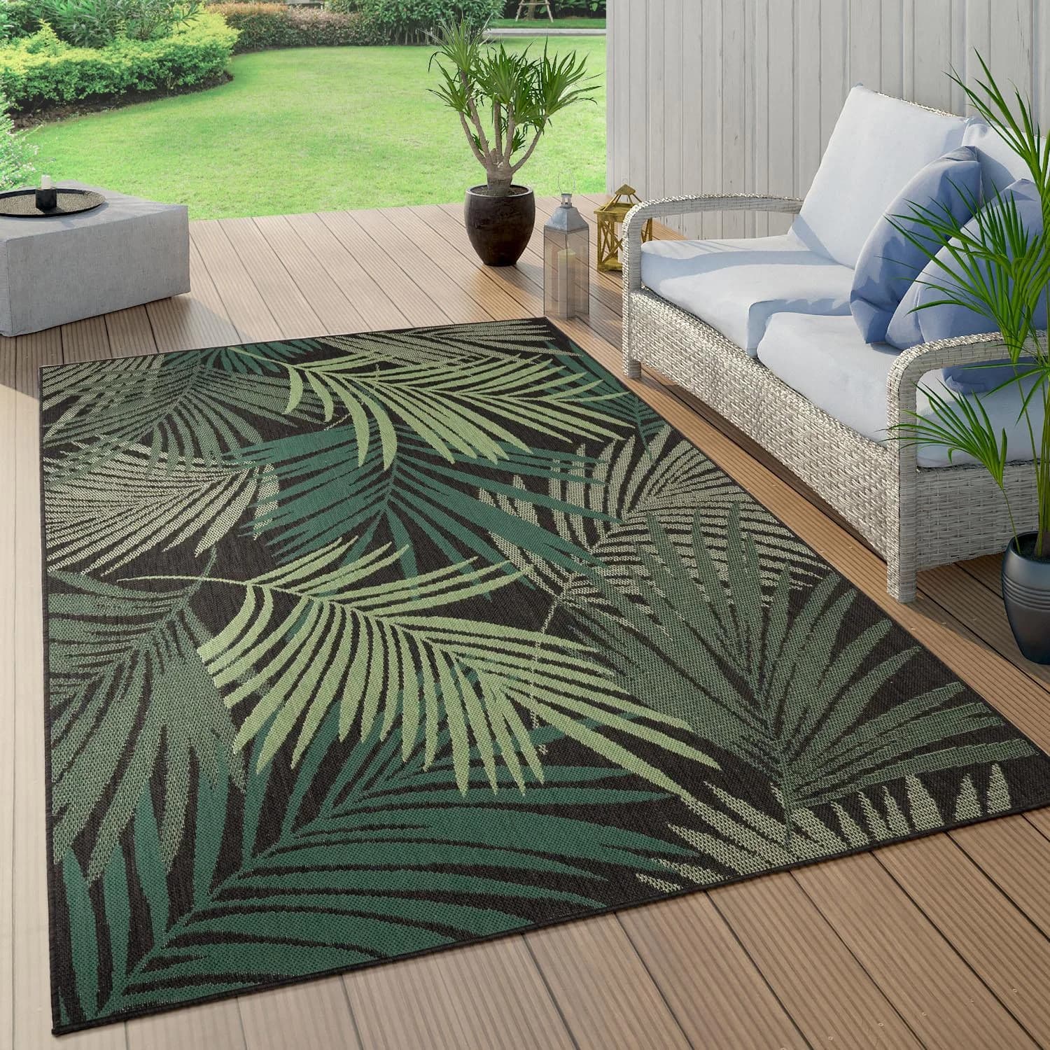 PACO HOME Teppich Ostende 534 Schwarz Palmenblätter In- & Outdoor