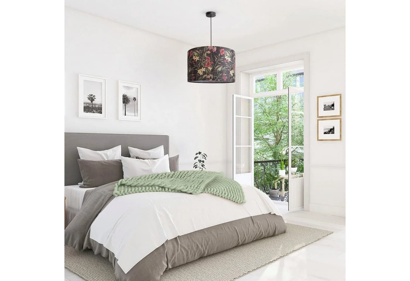 PACO HOME Pendelleuchte Hugo Flower Schwarz Stoffschirm