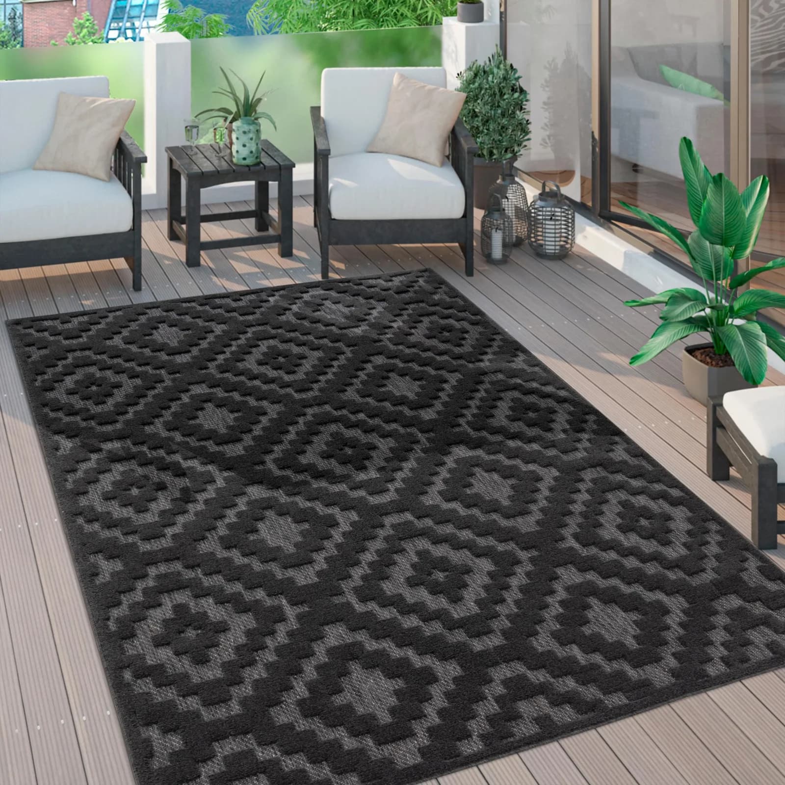 PACO HOME Teppich Livorno 672 Anthrazit Geometrisch Outdoor